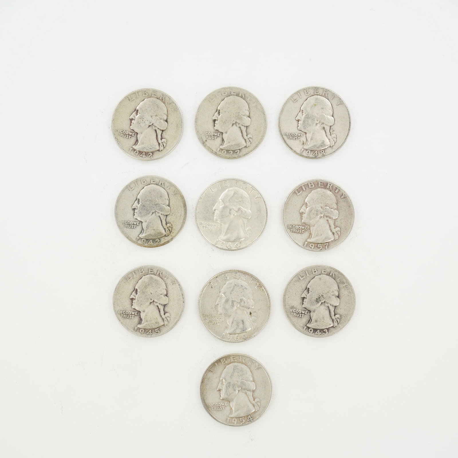 10pc Pre-1964 U.S. 90% Silver Washington Quarters: Ten US Washington quarters struck in 90% silver. This group includes the following dates and mint marks: 1937, 1942-S (two), 1943, 1945-S, 1948, 1954-S, 1957-D, 1964, and 1964-D. Each coin features th