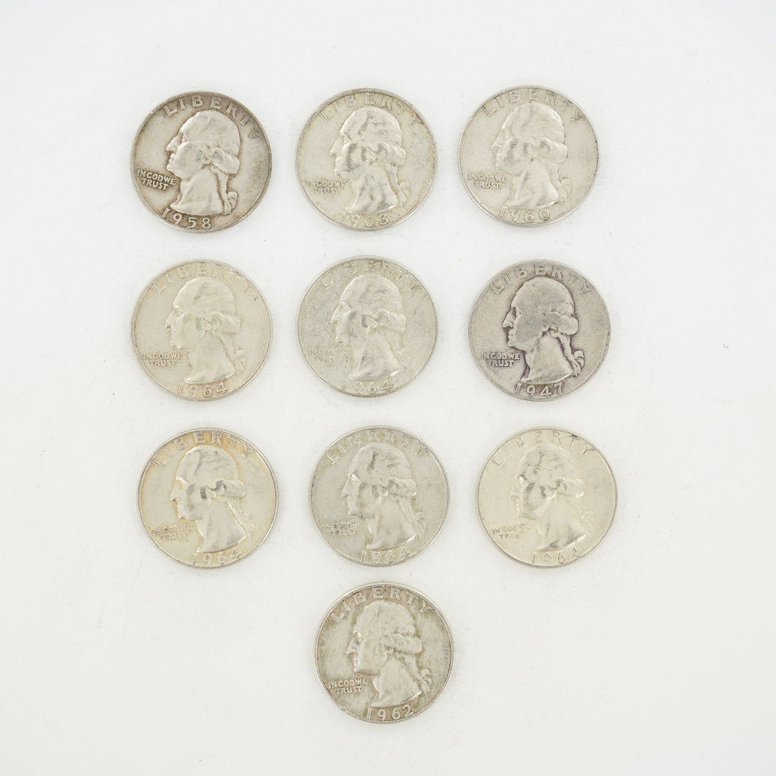 10pc Pre-1964 U.S. 90% Silver Washington Quarters (1 of 2)