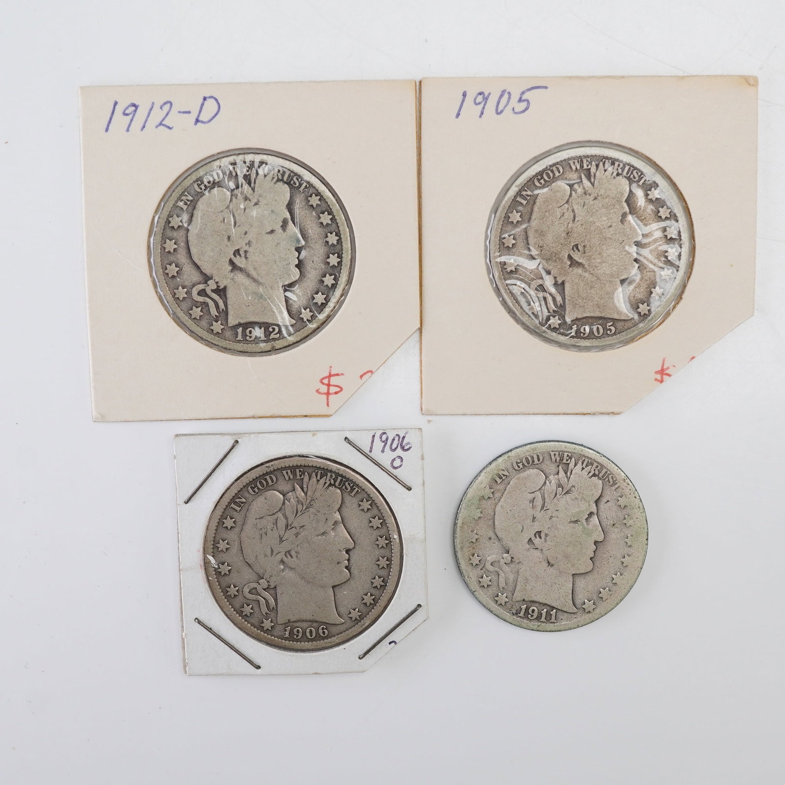 4pc 1905, 1906-O, 1911-S & 1912-D Barber Quarter Dollar Coins (1 of 4)
