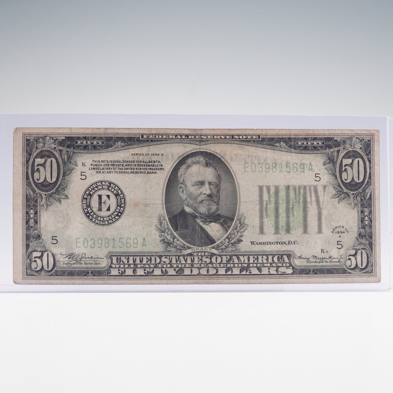 1934A U.S. Federal Reserve Fifty Dollars Note: Federal Reserve Note, denomination fifty dollars. The obverse features a portrait of Ulysses S. Grant, 18th President of the United States, with green Treasury seal and serial numbers, and printed