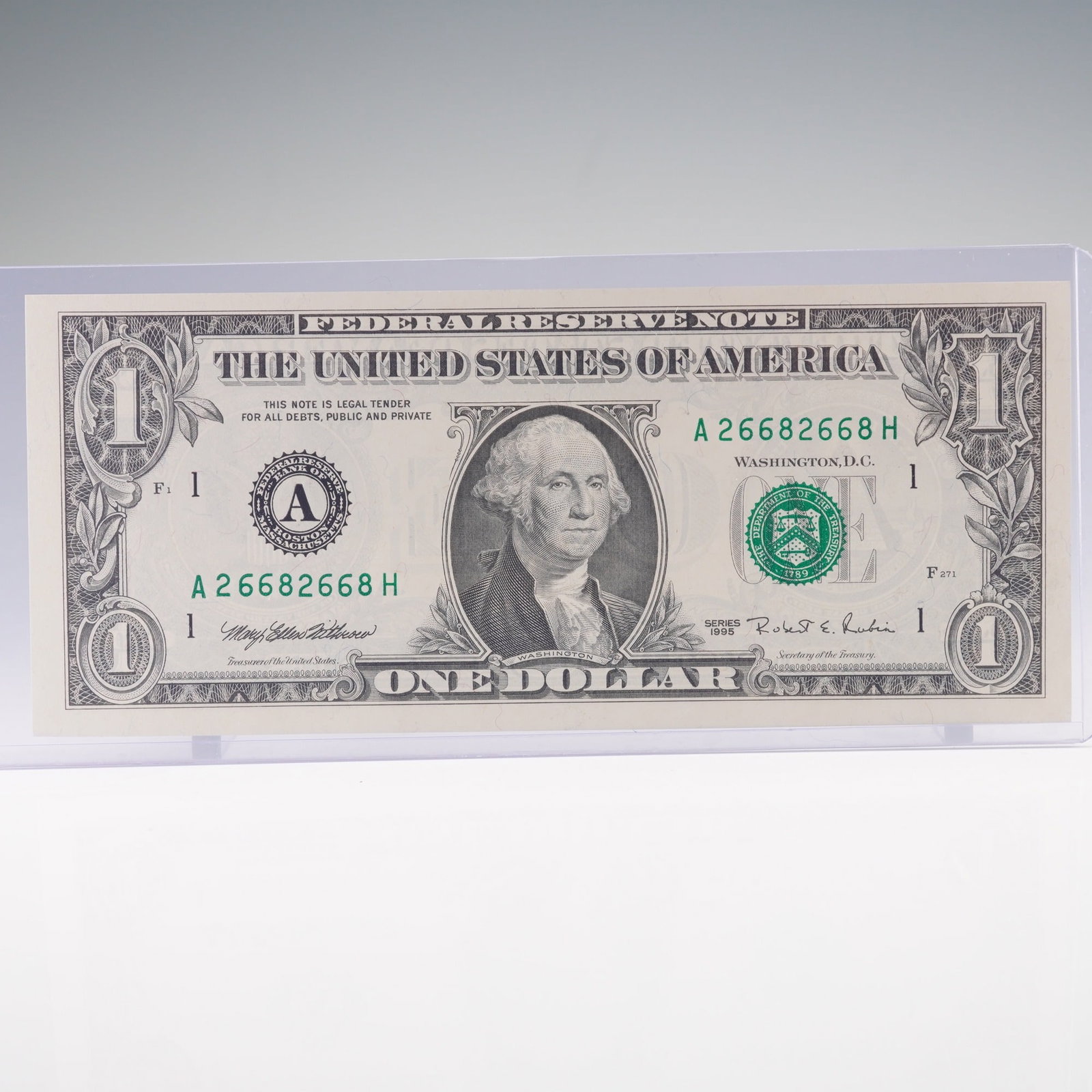 1995 U.S. Federal Reserve One Dollar Note, UNC with Repeater Numbers: Federal Reserve One Dollar Note featuring George Washington at center, bearing the repeater serial number A26682668H. The obverse displays the green Treasury seal and serials, along with printed