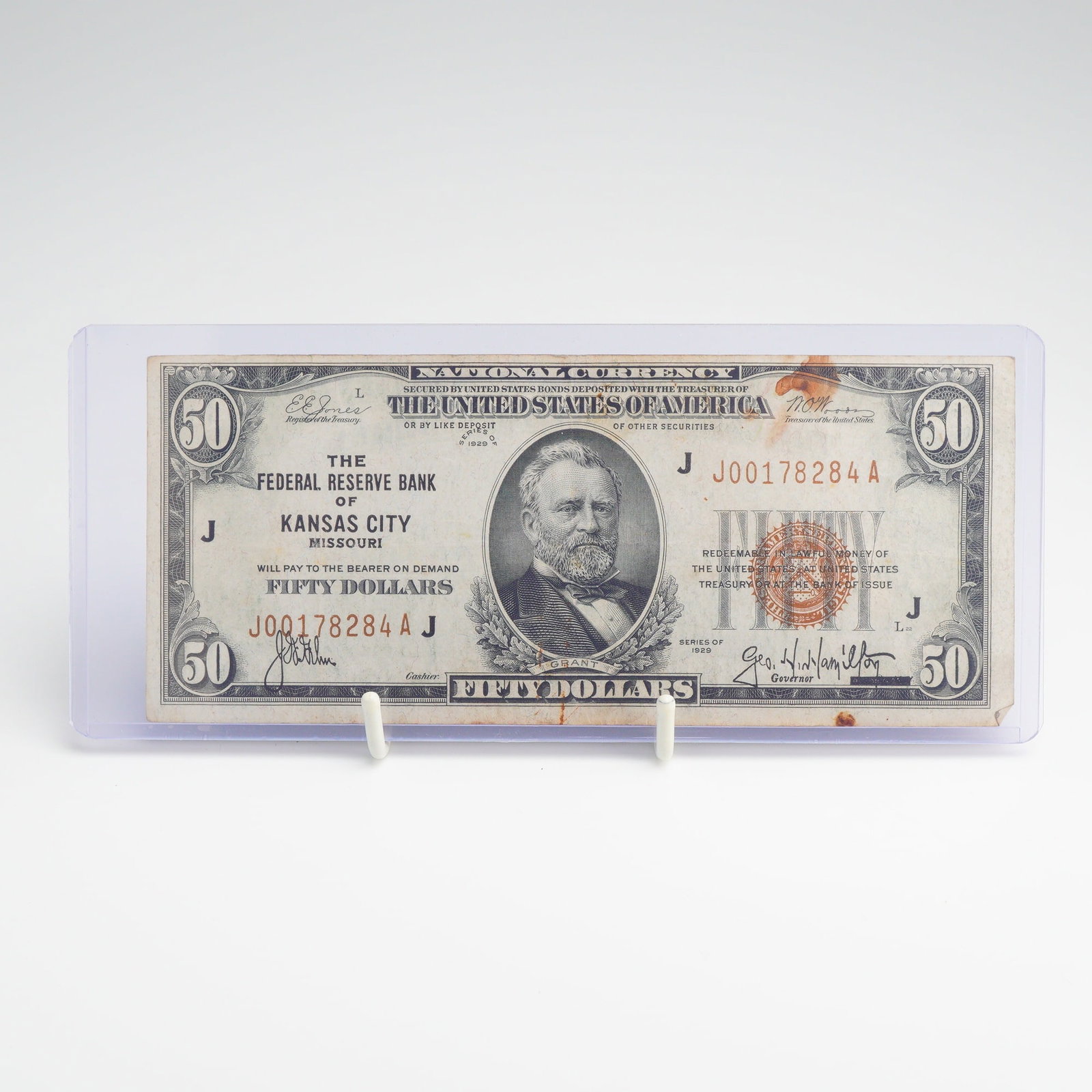 US Series 1929 $50 Federal Reserve Bank Note Kansas City Fr. 1880-J: This vintage US currency bill $ 50.00 is a Series 1929 Federal Reserve Bank Note, classified as National Currency, issued for the Federal Reserve Bank of Kansas City, Missouri (District J). The note