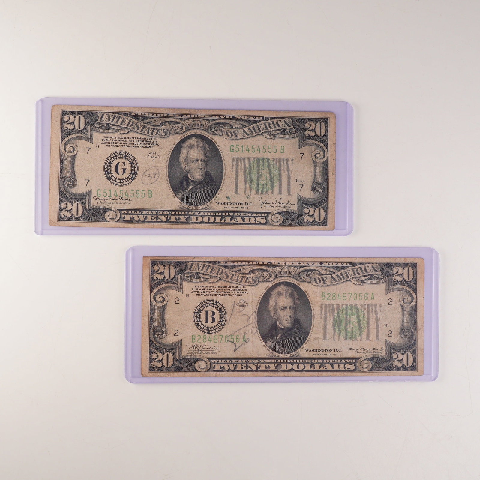 2pc 1934,1934D U.S. Federal Reserve Twenty Dollar Note (1 of 2)