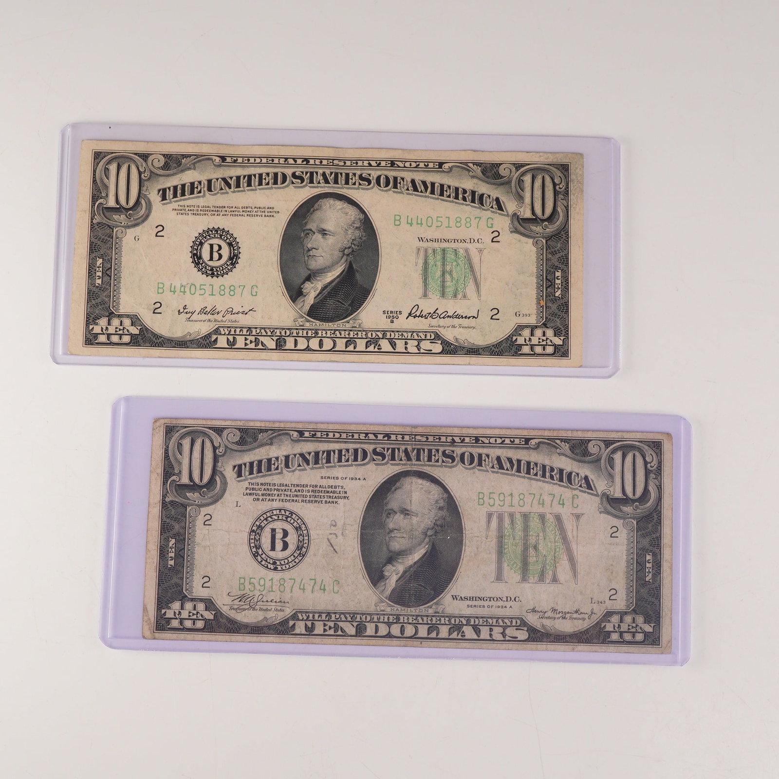 2pc 1934A & 1950B U.S. Federal Reserve Ten Dollar Notes: Federal Reserve Notes including one Series 1934A and one Series 1950B. Both feature the portrait of Alexander Hamilton at center with green Treasury seals and serial numbers, and the statement "Will P