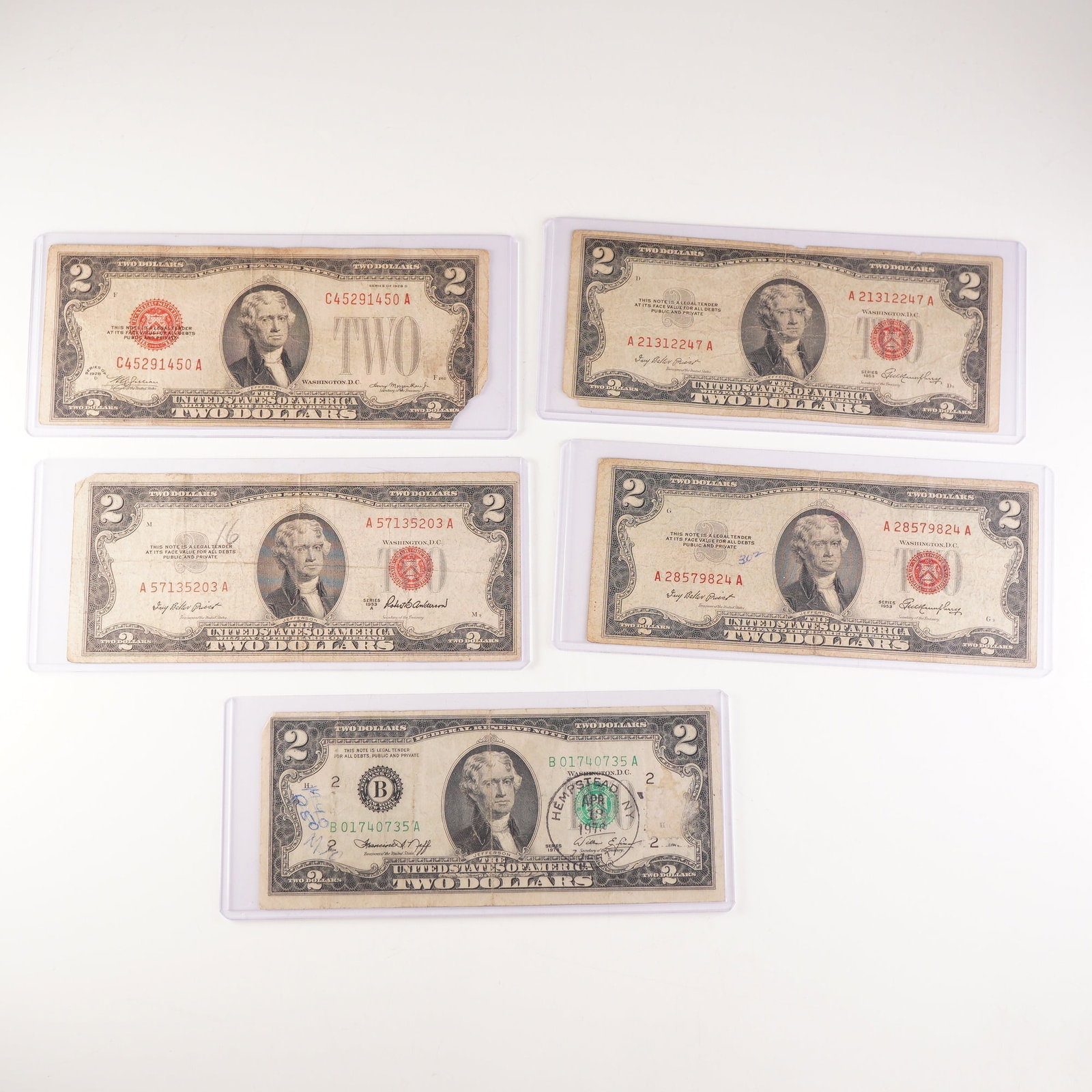 5pc 1928, 1958, & 1976 United States $2 Banknotes (1 of 2)