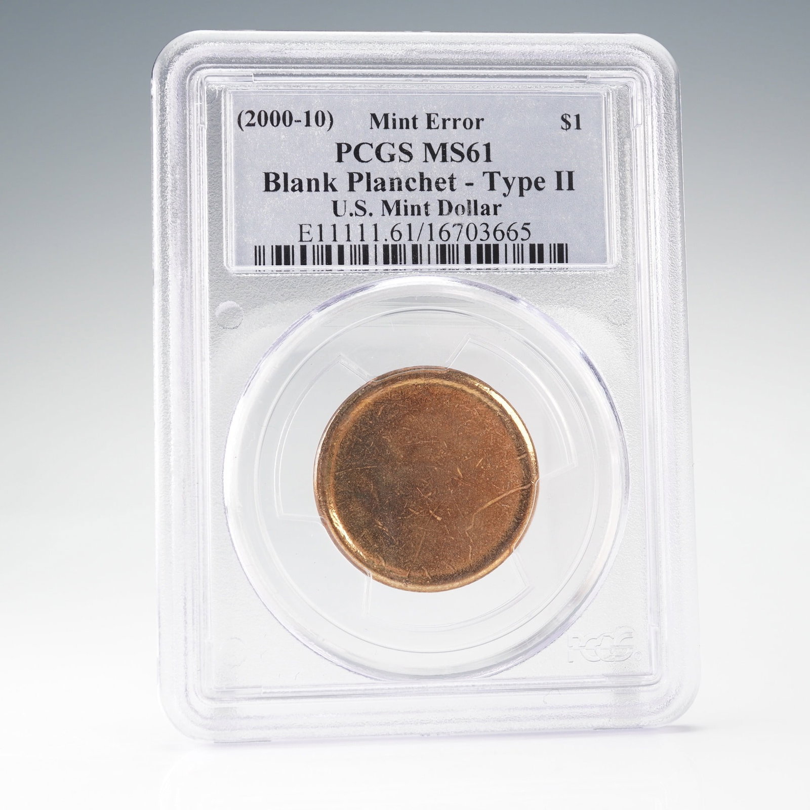 2000-2010 Blank Planchet Type II Mint Error PCGS MS-61 Dollar: This certified mint error coin features a blank Type II planchet intended for a U.S. dollar coin, produced between 2000 and 2010. Such planchets are struck without the normal obverse and reverse