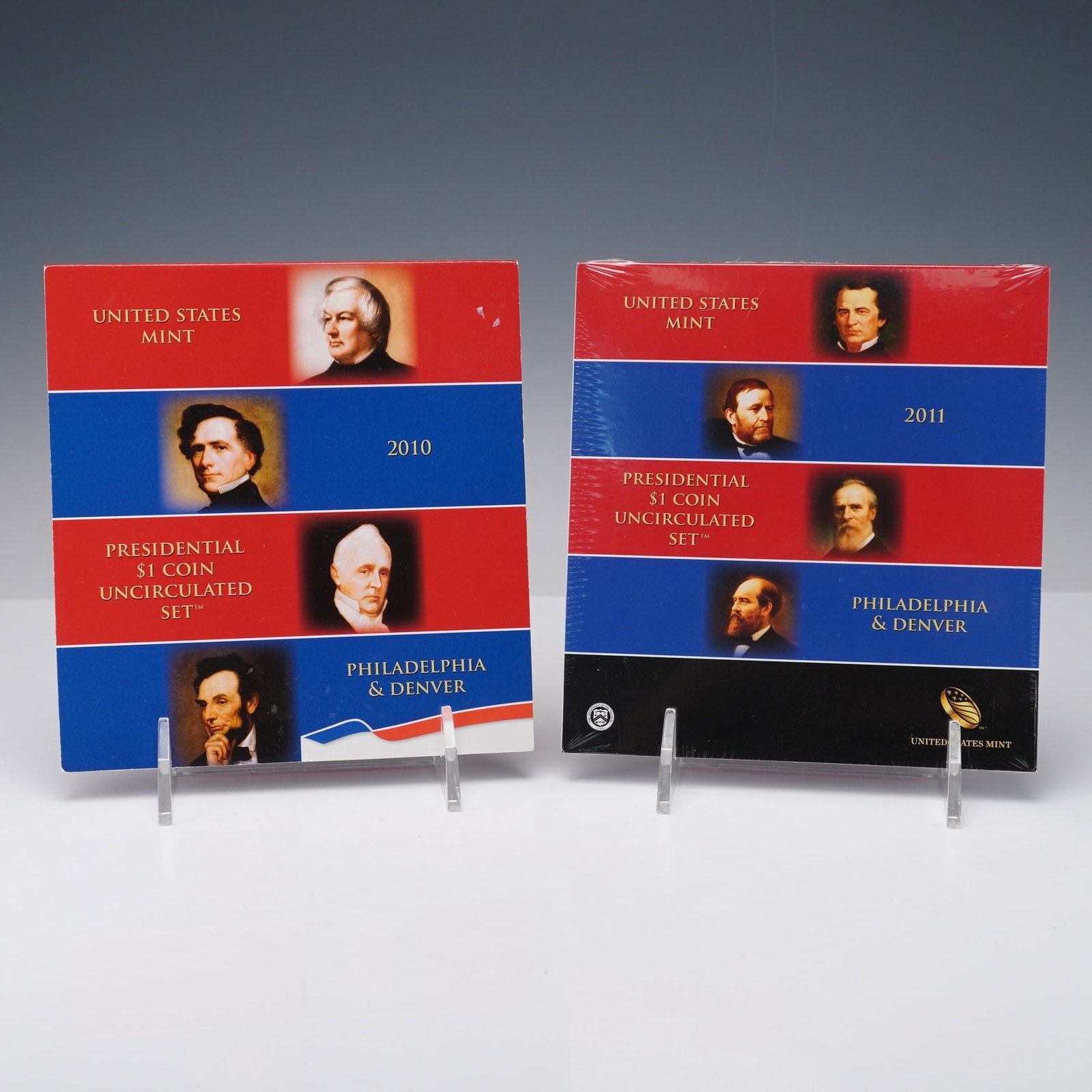 2pc 2010 and 2011 United States Mint Presidential $1 Coin Uncirculated Sets: A lot of two official United States Mint Presidential $1 Coin Uncirculated Sets from 2010 and 2011, each containing eight coins with four from the Philadelphia Mint and four from the Denver Mint. The 