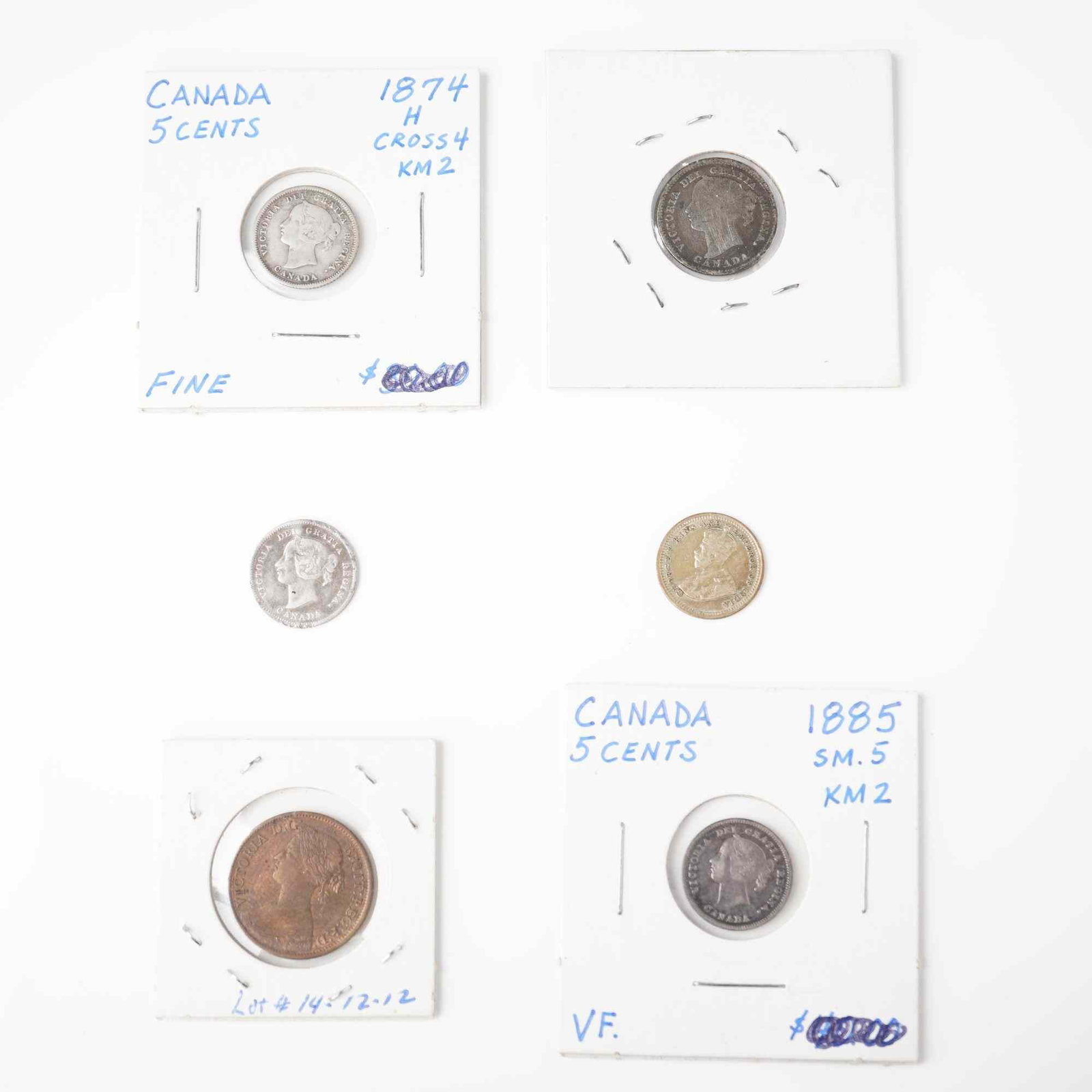 6pc 1874, 1885, 1903 & 1926 Canada 5 Cents & 1861 Nova Scotia Half Cent: This mixed Canadian and pre-Confederation group includes five 5-cent pieces and one provincial half cent. The 1874-H and 1885 "Small 5" 5-cent coins are Queen Victoria "fish scale" types struck in ste