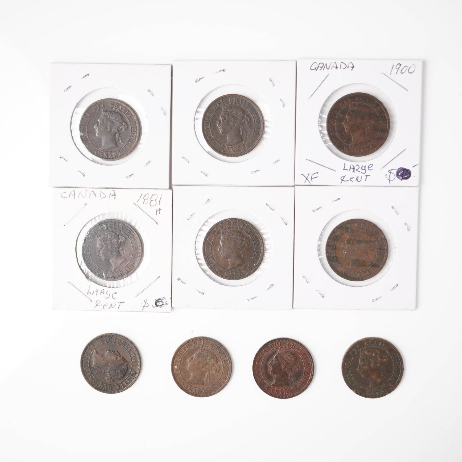 10pc 1881 - 1900 Queen Victoria Canadian Large Cents: Group of ten Canadian large cents, mostly Queen Victoria issues dated 1881-1900H. Dates visible in the holders include 1881-H, 1882-H, 1888, 1895, 1899, and 1900-H; the remaining four are loose late-1