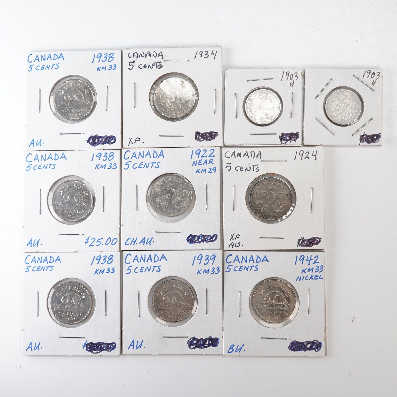 10pc Canadian 1903 10 Cent & 1922 to 1942 5 Cent Coins (1 of 6)