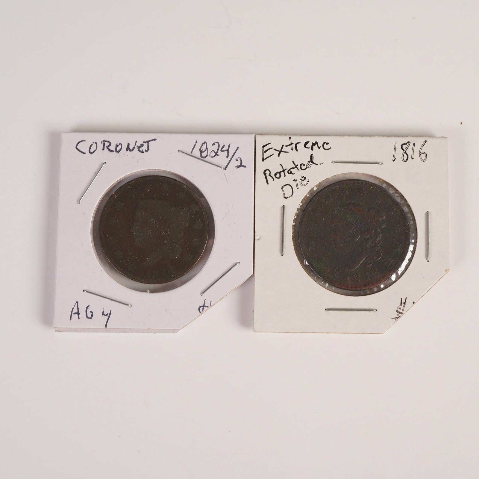 2pc 1816 to 1824 Matron Head (Type 1) 1 Cent Coins: Each coin features the classic obverse portrait of Liberty surrounded by stars, with inscriptions including LIBERTY and the respective dates. The reverse displays a laurel wreath encircling the