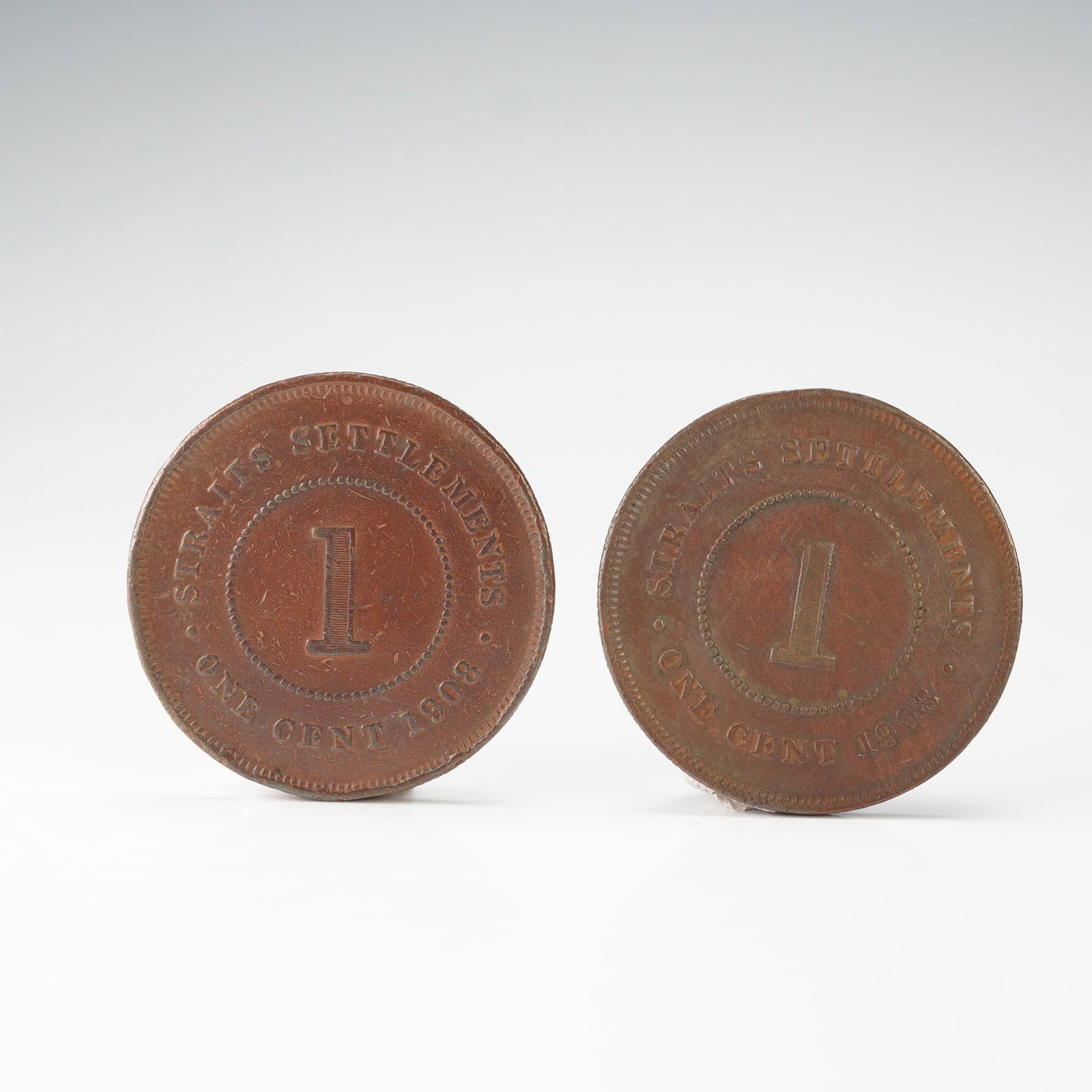 2pc 1908 Strait Settlement 1 Cent Coins - 2