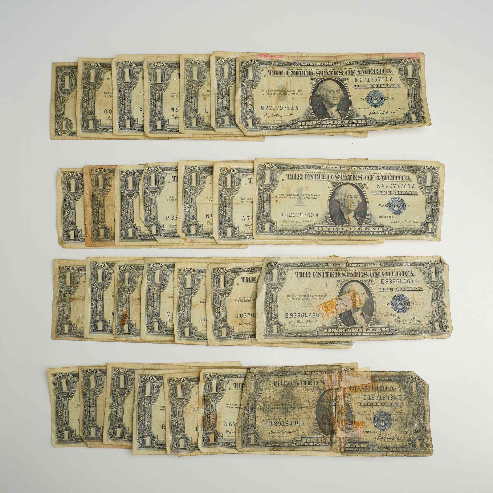 A Collection of 26 Vintage US $1.00 Silver Certificates Series 1935 and 1957 (1 of 2)