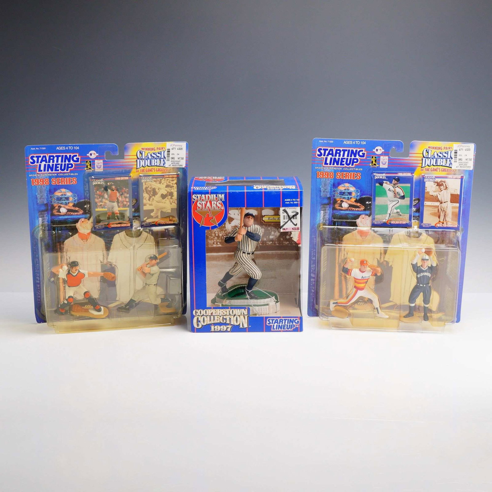 3pc Starting Lineup Baseball Figurine Sets: This collection consists of three vintage Kenner Starting Lineup baseball figurine sets, all preserved in their original factory packaging. The lot includes a 1997 Stadium Stars Cooperstown