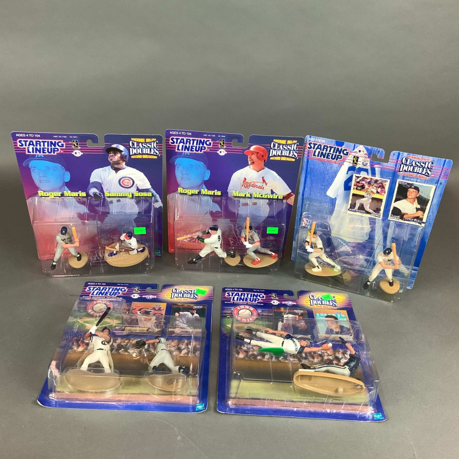 5pc Starting Lineup Classic Doubles MLB Baseball Action Figures: A collection of five factory-sealed Starting Lineup Classic Doubles sports collectible sets produced by Hasbro circa 1999. The group includes several sub-series highlighting significant players from
