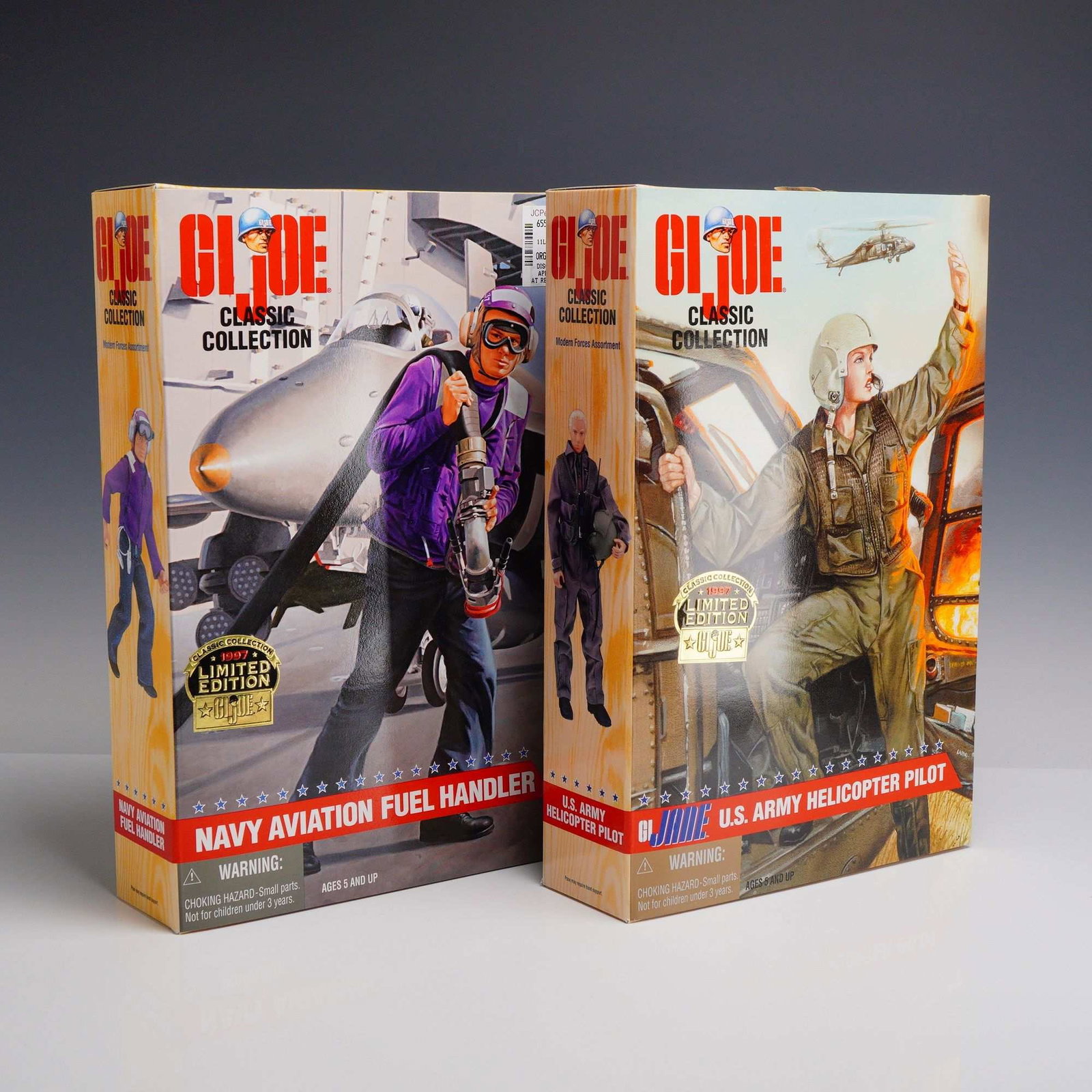 2pc G.I. Joe Classic Collection 12-Inch Action Figures: This lot features two 12-inch scale articulated action figures from the G.I. Joe Classic Collection Modern Forces Assortment, produced by Kenner in 1997. The set includes the Navy Aviation Fuel Handle