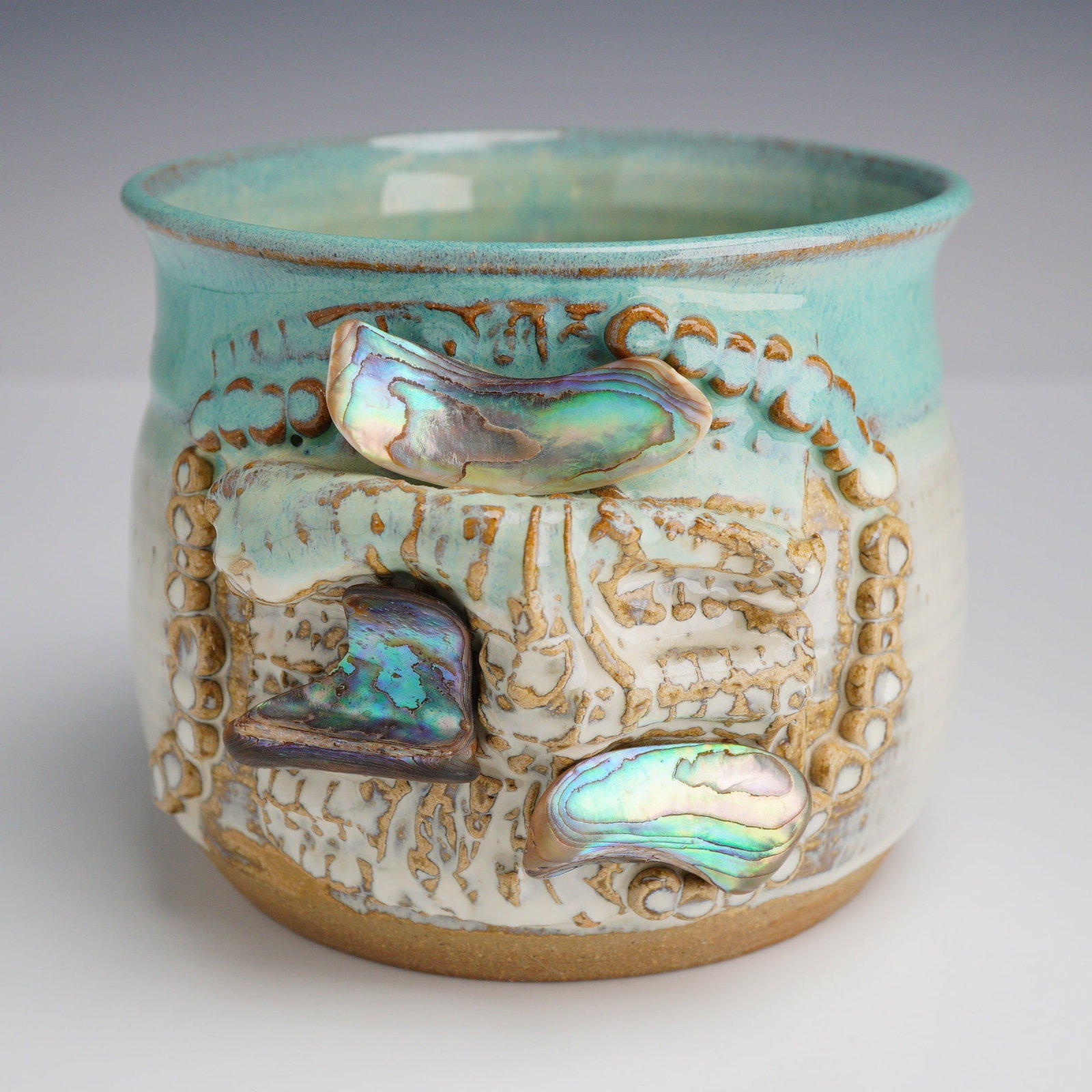 Contemporary Studio Pottery Stoneware Vessel with Abalone Shell Inlays (1 of 3)