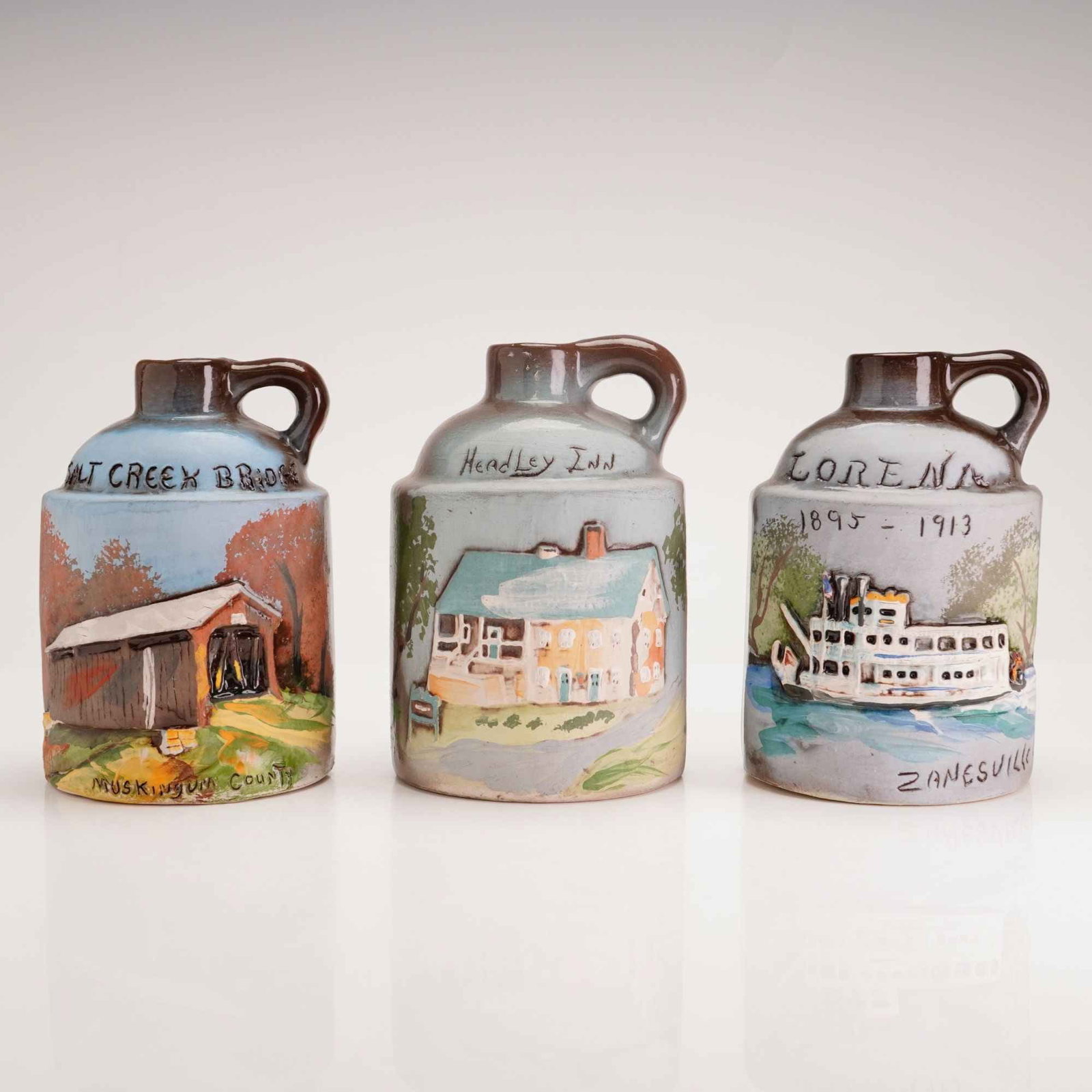 Three Wihoa Sands Art Pottery Stoneware Jugs Featuring Salt Creek Bridge, Headley Inn, and Lorena (1 of 3)