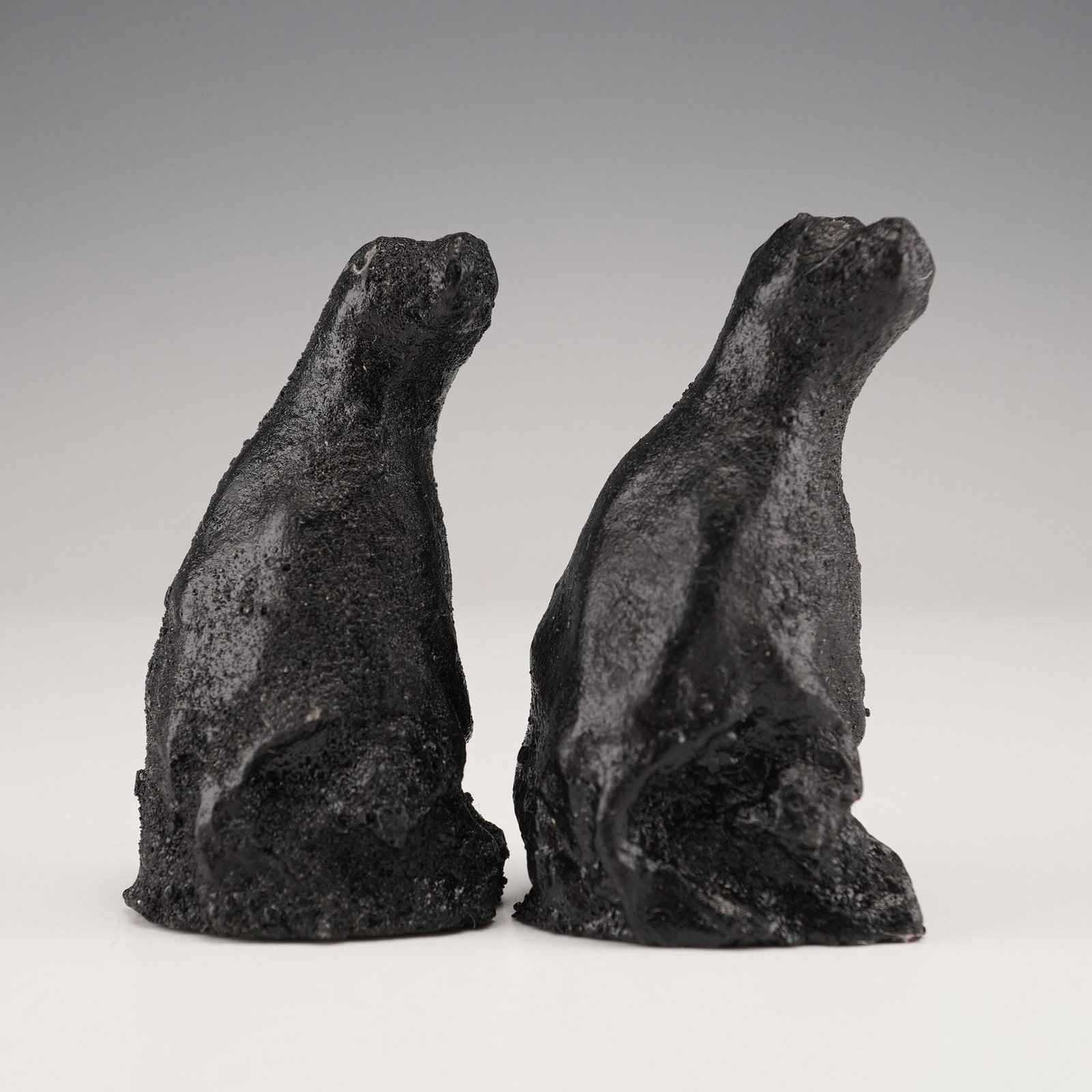 Pair of Hand-Carved Lava Rock Abstracted Seals: A pair of hand-carved lava rock abstracted seals in an upright posture. Each piece is formed from a uniform dark rough and granular surface, consistent the porous lava stone. The design emphasizes