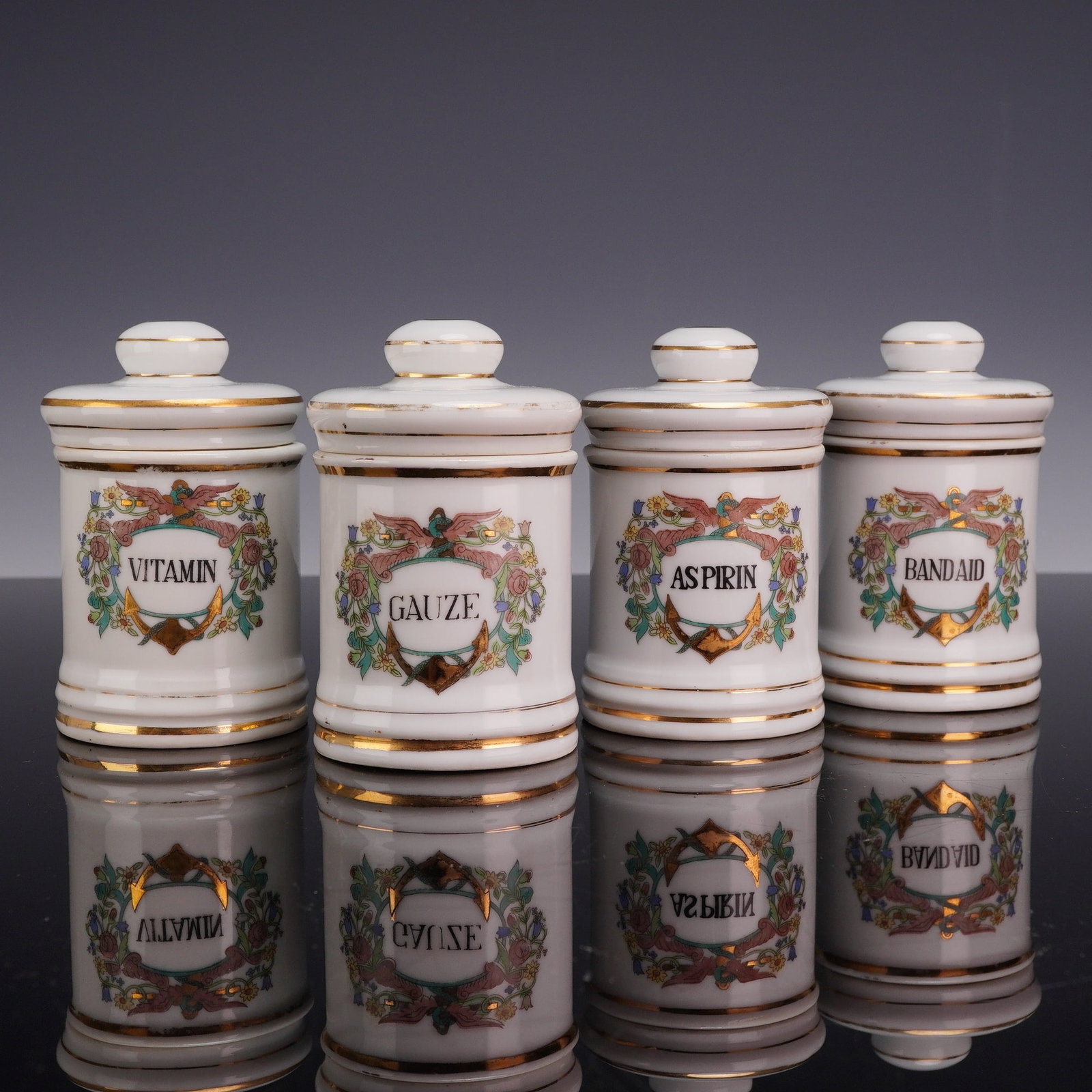 Lot of Four Vintage Porcelain Apothecary Pharmacy Lidded Jars (1 of 3)