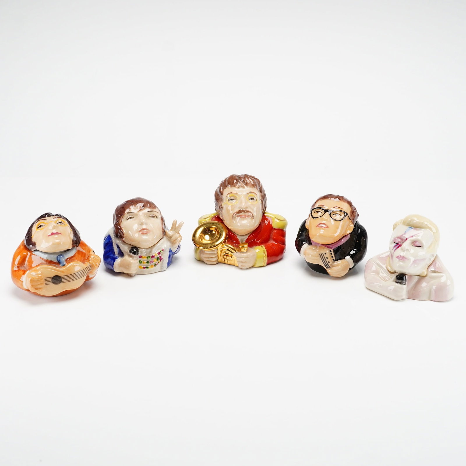 5pc Kevin Francis Face Pots Collection, Musician Theme: A set of five hand-painted glazed ceramic lidded Face Pots produced by Kevin Francis Ceramics in England. This collection depicts various iconic musicians, with each item consisting of a lid sculpted