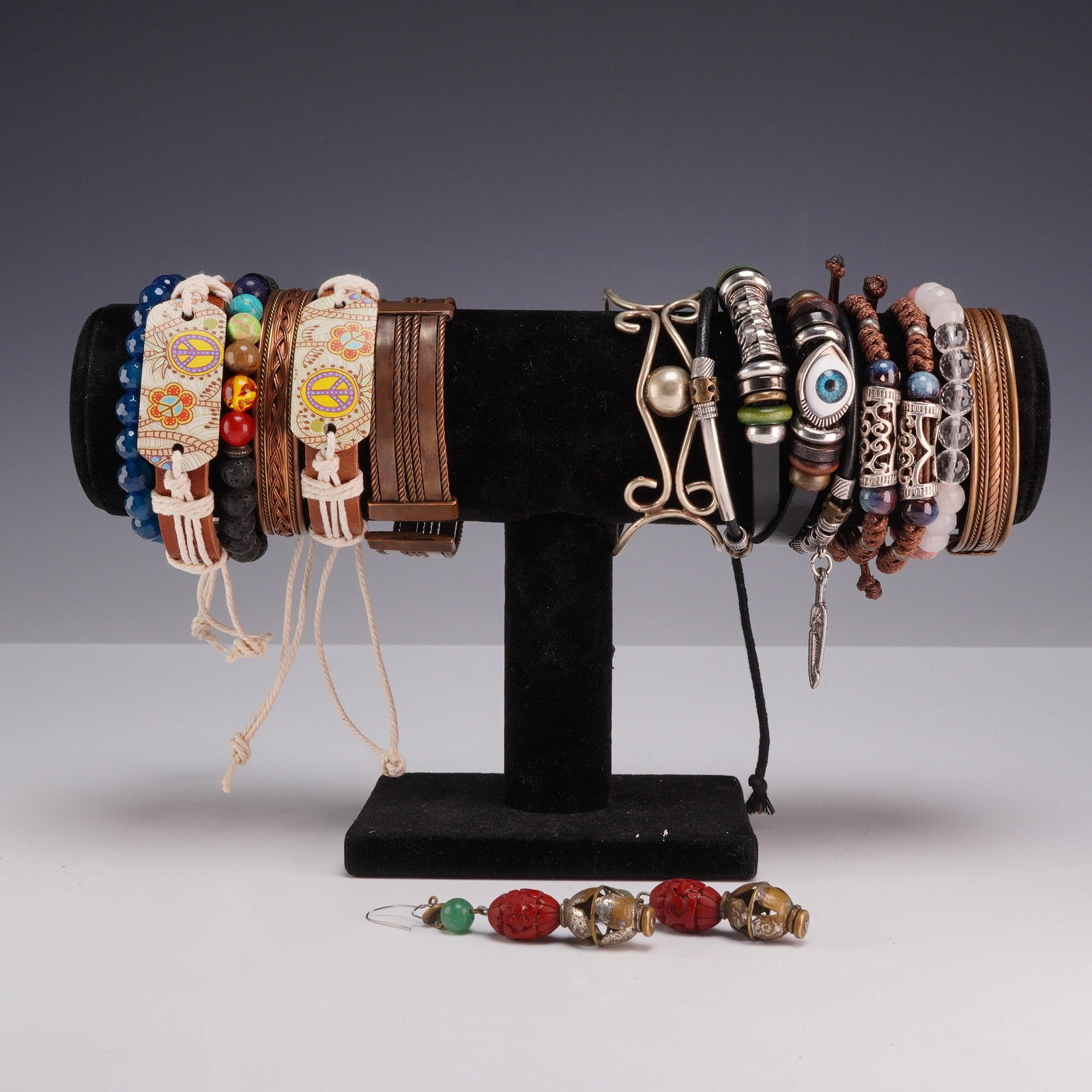 14pc Costume Jewelry Collection Including 12 Bohemian Style Bracelets and a Pair of Earrings (1 of 4)