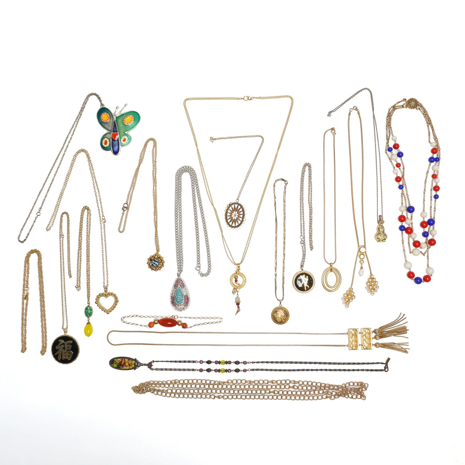 Gold and Silver-Tone Mixed Costume Jewelry Necklace and Pendant Collection, 20 Pieces: This comprehensive collection features a variety of vintage and contemporary costume jewelry pieces, primarily necklaces with one included bracelet. The lot contains various base metal chains in gold-