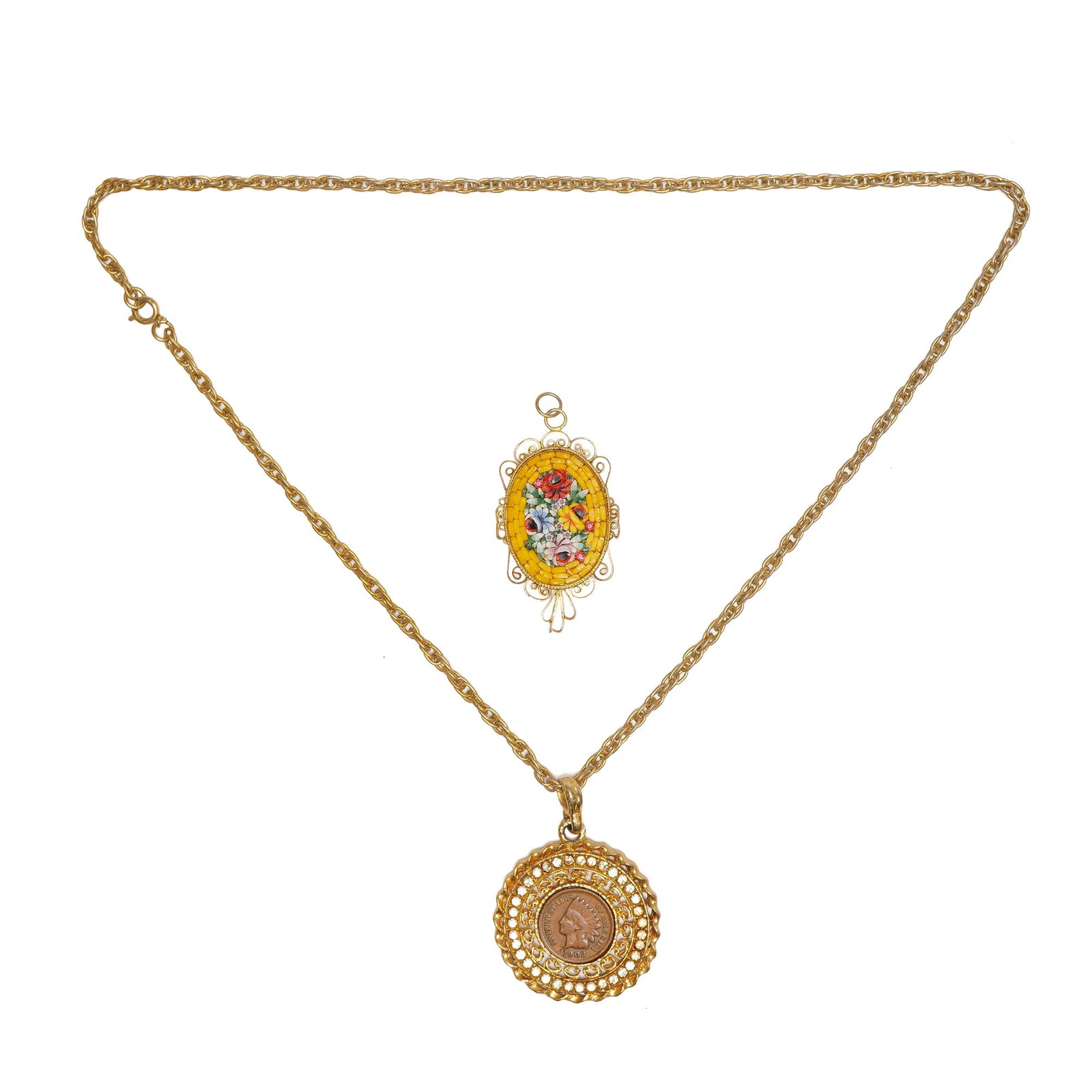 Two Jewelry Items Including an Indian Head Cent Necklace and a Micro-Mosaic Pendant: This jewelry lot consists of a necklace featuring a 1903 United States Indian Head cent penny and a miniature micro-mosaic pendant. The penny is mounted in a circular gold-tone pendant frame with an o