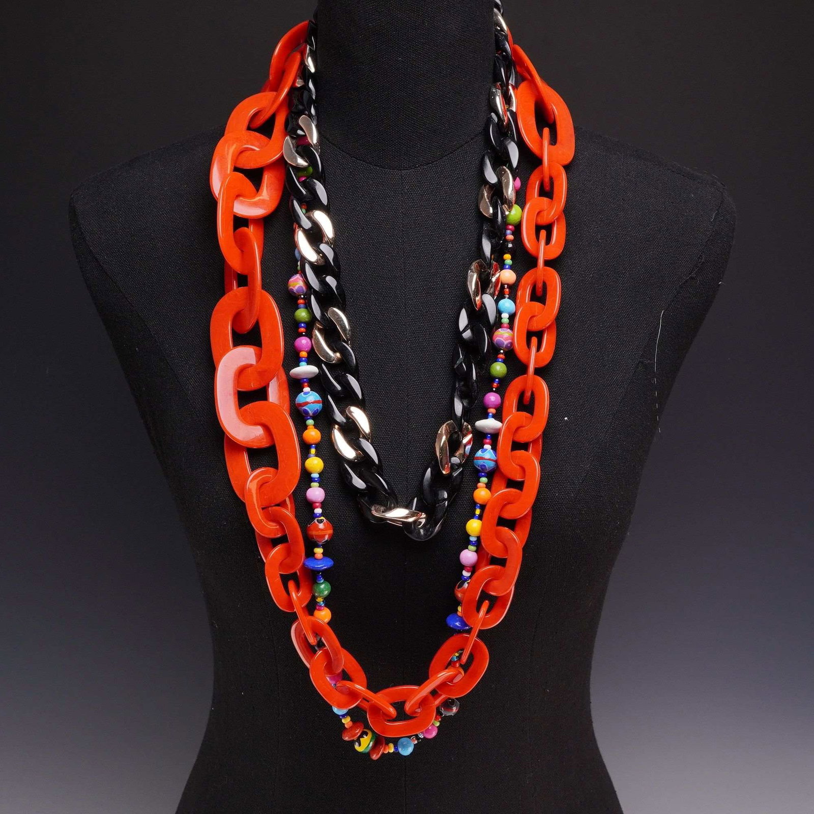Three Piece Collection of Costume Jewelry Necklaces Including Acrylic Curb Link and Multi-Colored (1 of 3)