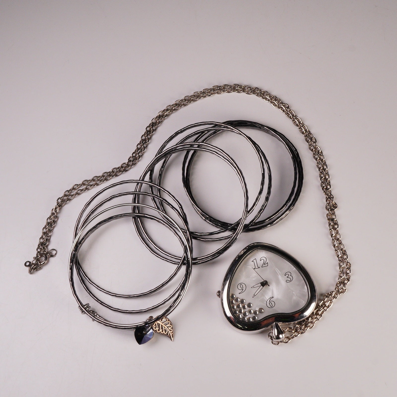 12pc Costume Jewelry, Watch Necklace, Charm Bangle and Gray Metal Bangles (1 of 5)