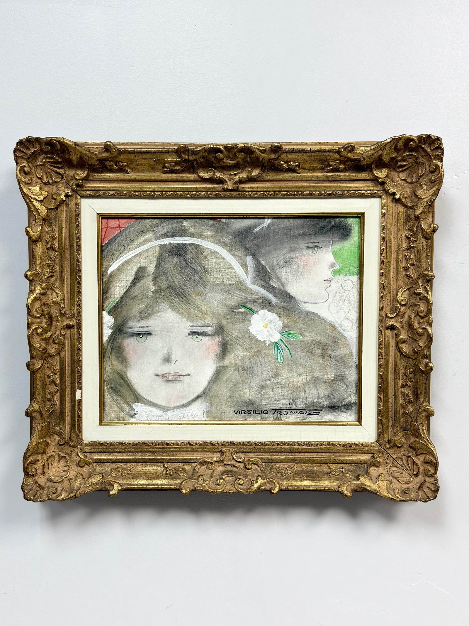 Virgilio Trompiz (Venezuelan, 1927-2012), Two Women, Mixed Media on Canvas: This mixed media work on canvas is by the Venezuelan artist Virgilio Trompiz (1927-2012). The composition depicts two stylized female figures, one in a direct frontal view and another in profile. The 