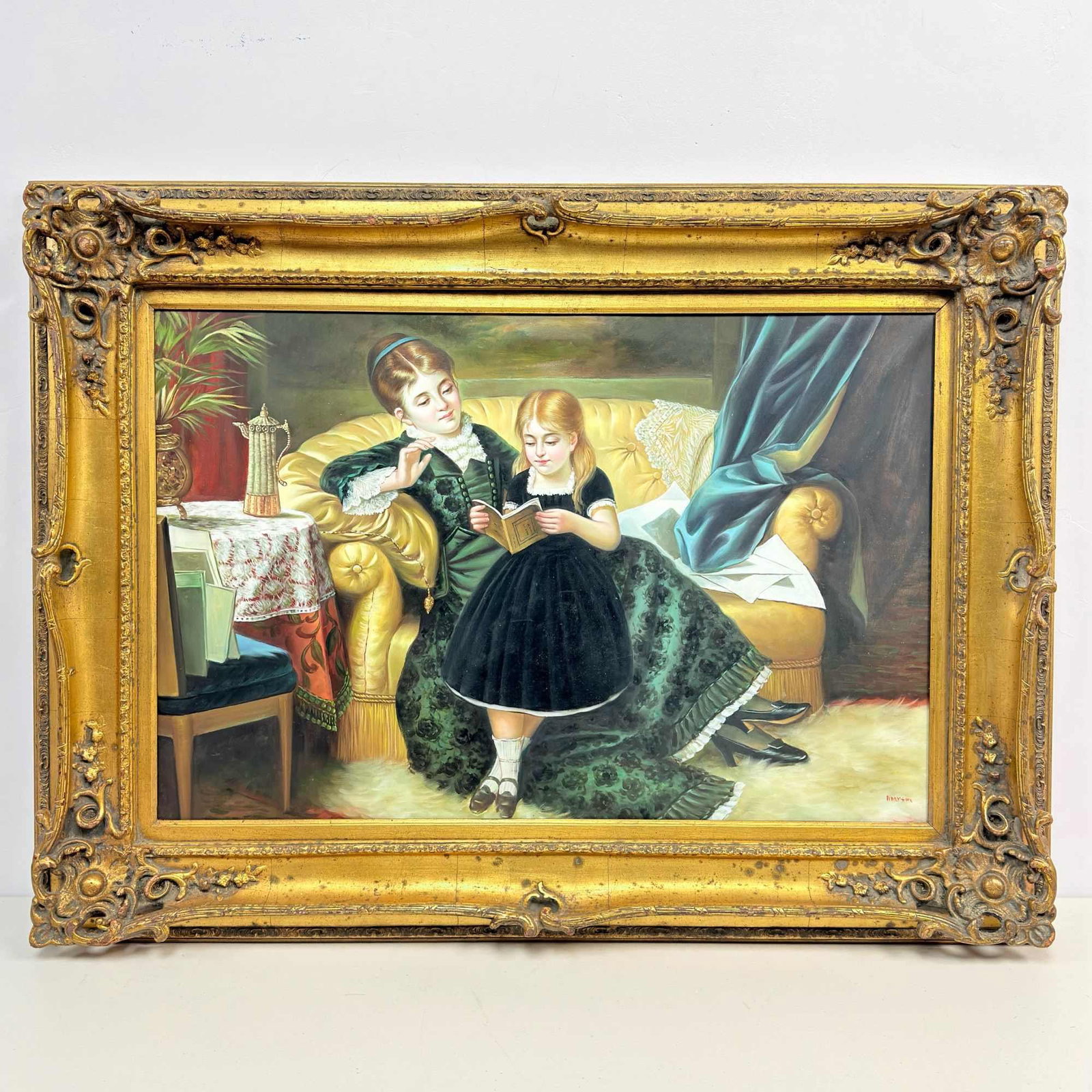 Martin, Oil on Canvas After Jan Portielje, Reading Together: This oil on canvas painting is signed Martin and is a period copy after the original work titled Reading Together by the Dutch artist Jan Portielje (1829-1908). The composition depicts a sentimental