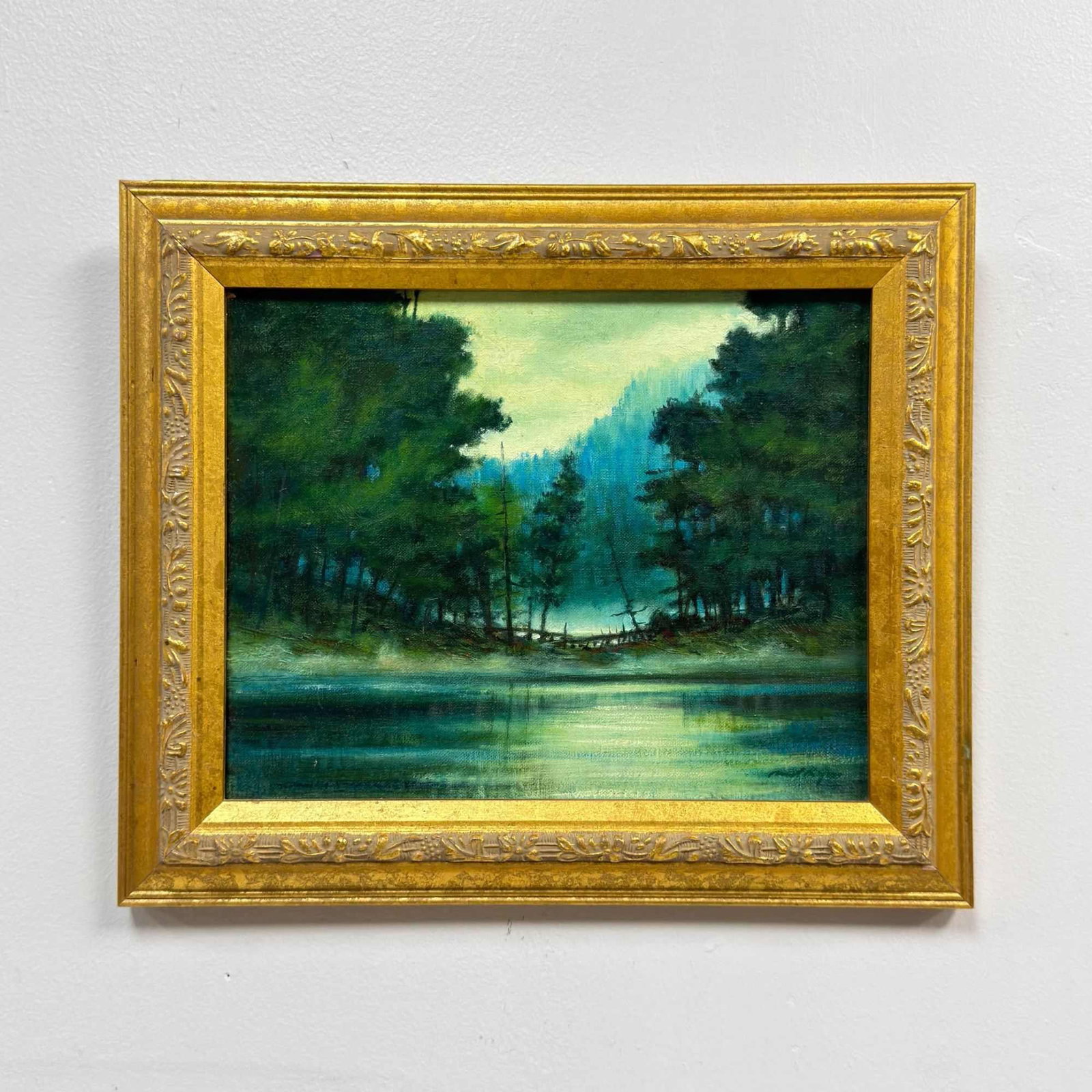 Michael Ringer (American, b. 1953), Dusk at Blue Mount Lake, 2008: This oil on canvas painting depicts a landscape rendered in a cool-toned palette of forest greens, teals, and deep blues. The work is characterized by energetic and textured brushwork, featuring visib