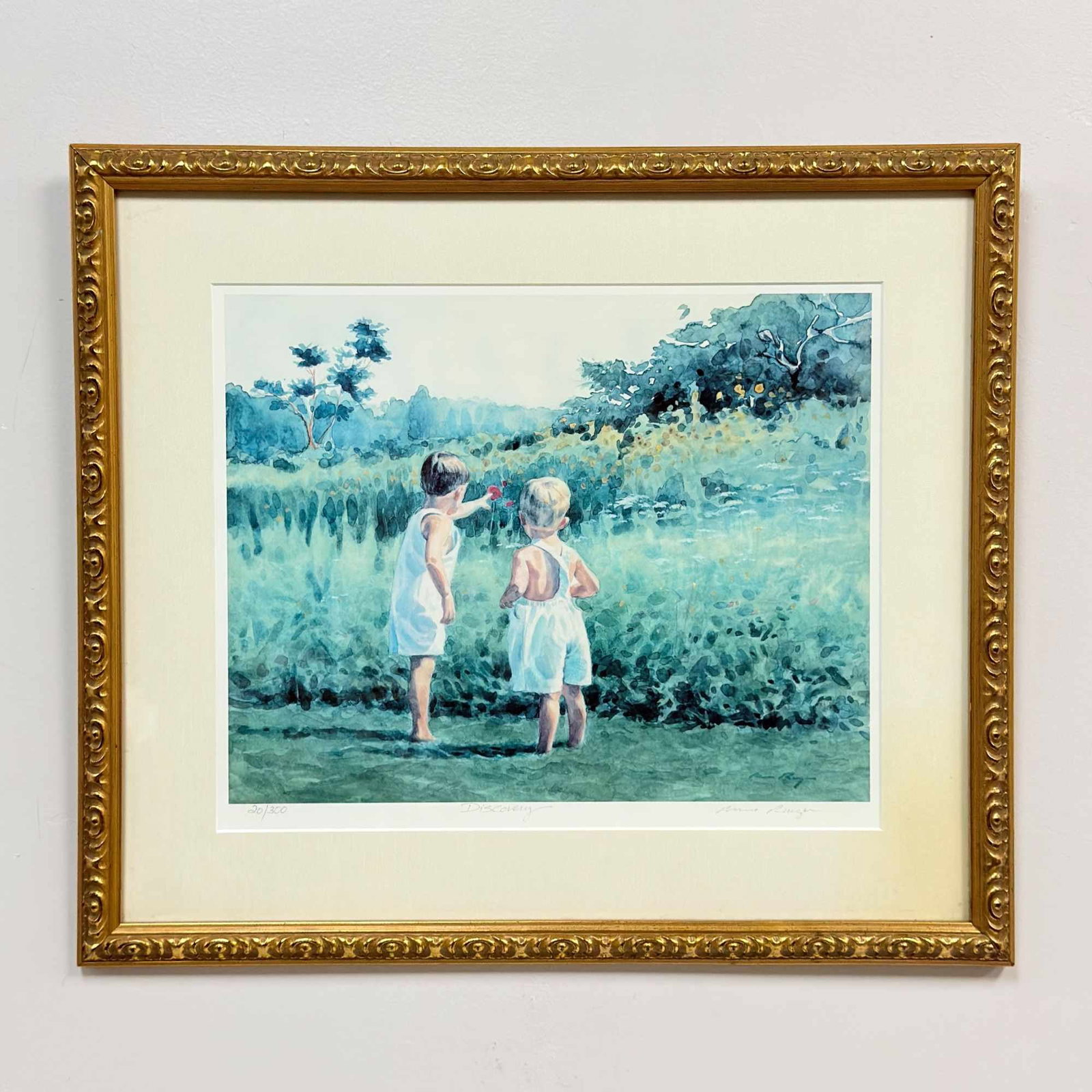 Michael Ringer Limited Edition Lithograph Discovery 20/300 Signed: This limited edition lithograph on paper is titled Discovery by artist Michael Ringer. The composition depicts two young children dressed in white summer clothing standing in a lush green meadow, with