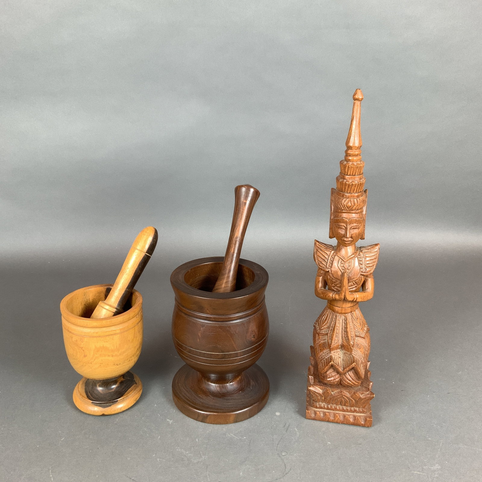 5pc Wood Items, Thai Sculpture and Mortars with Pestles (1 of 3)