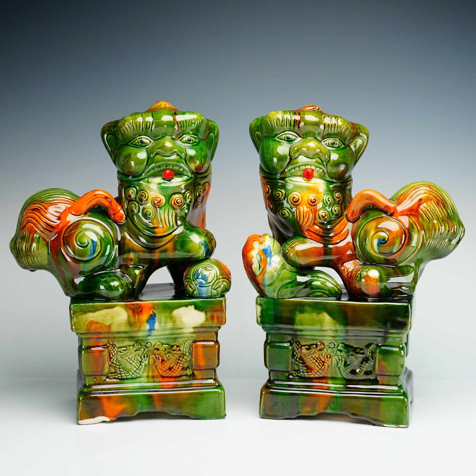 Pair of Large Vintage Glazed Orange and Green Ceramic Chinese Foo Dogs (1 of 5)