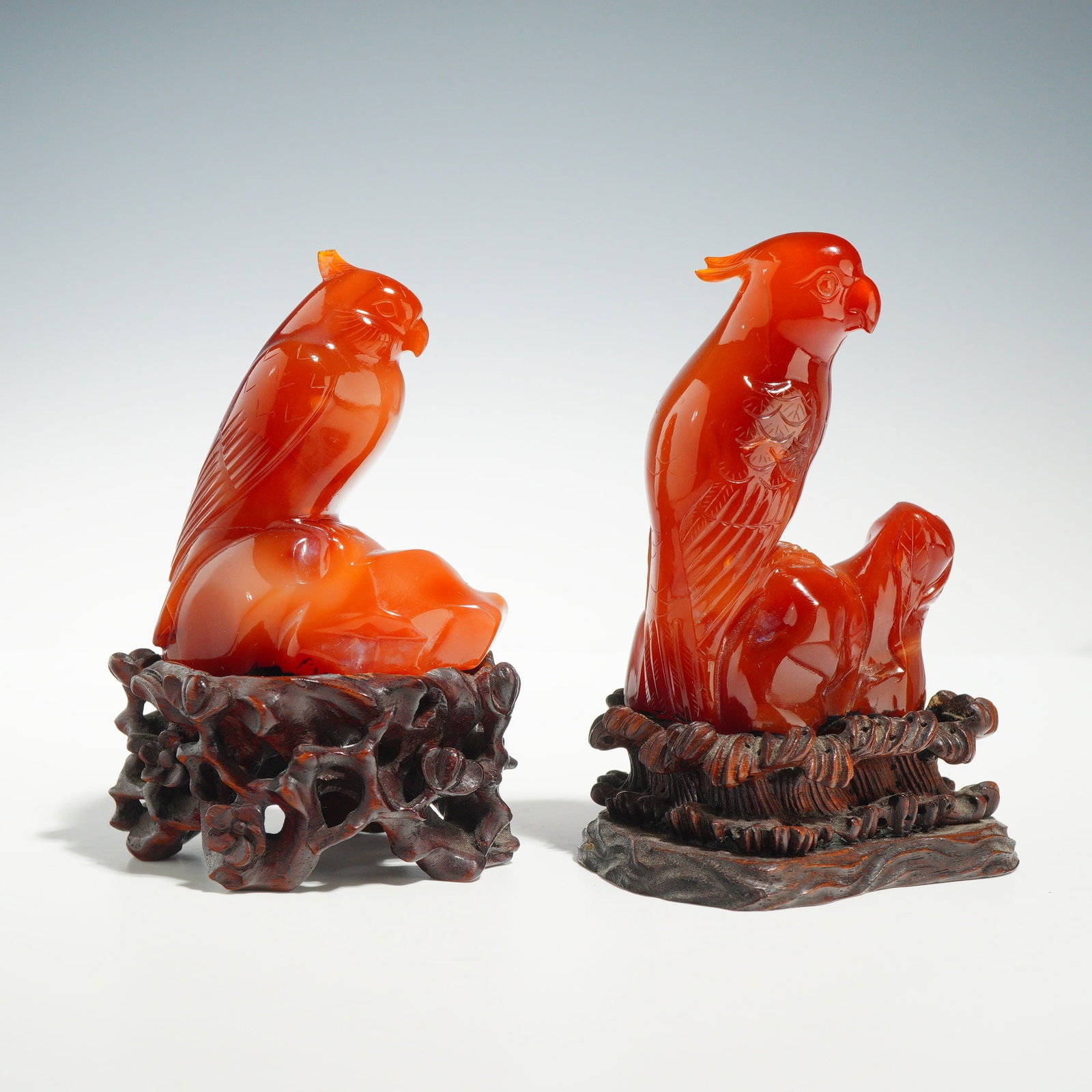 2pc Chinese Carved Carnelian Agate Bird Figurines on Wood Bases (1 of 4)