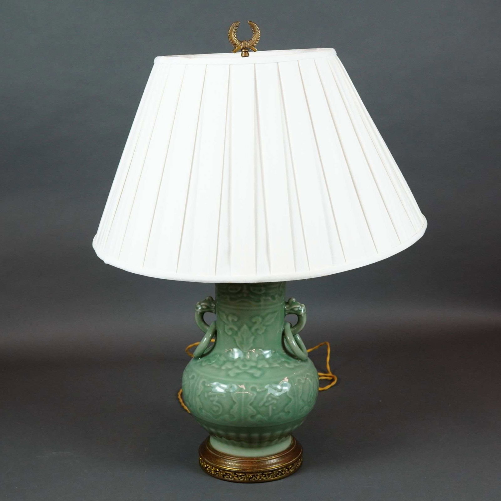 Chinese Celadon Glazed Porcelain Hu-Form Vase Table Lamp with Shade (1 of 6)