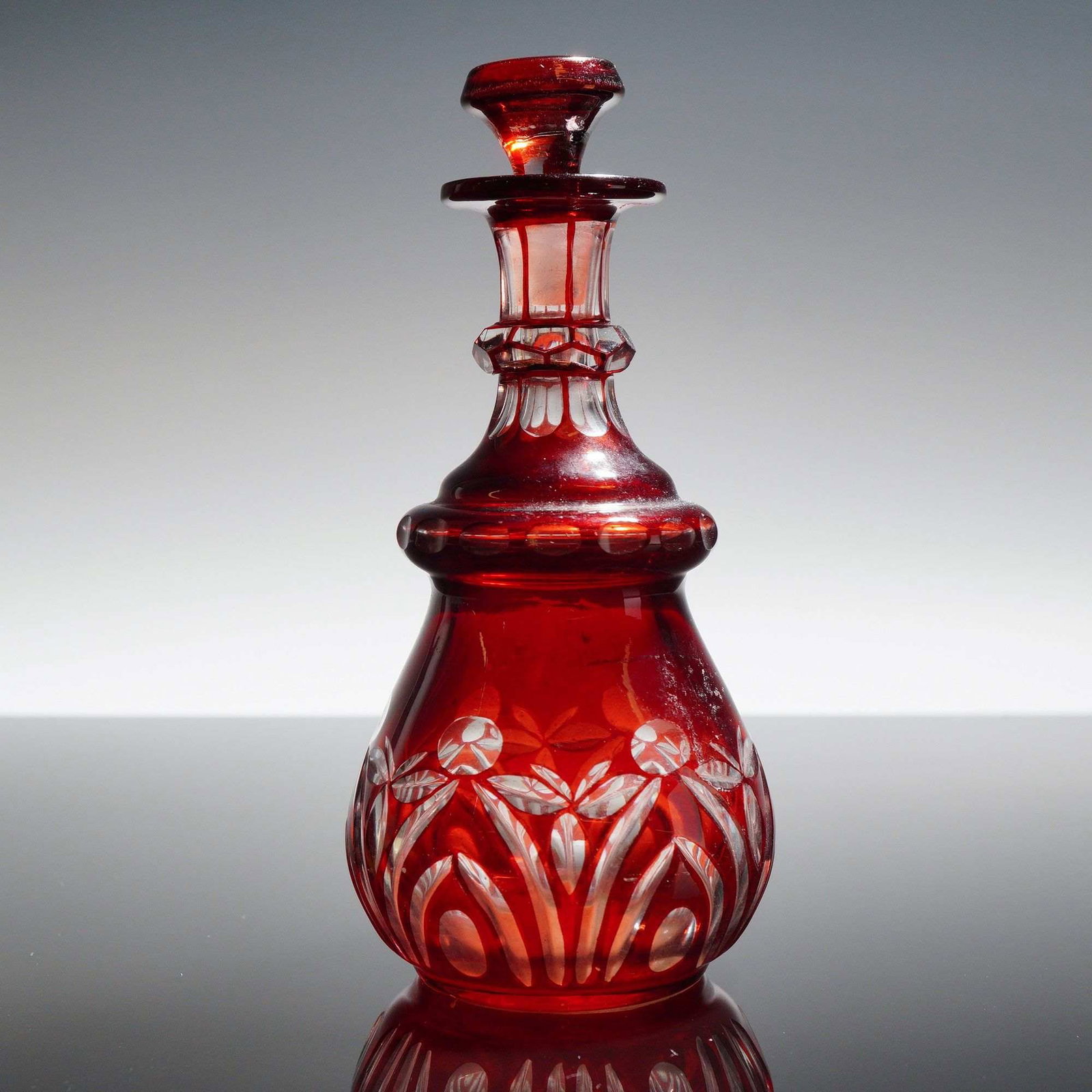 Bohemian Floral Cut-to-Clear Ruby Glass Decanter with Stopper (1 of 3)