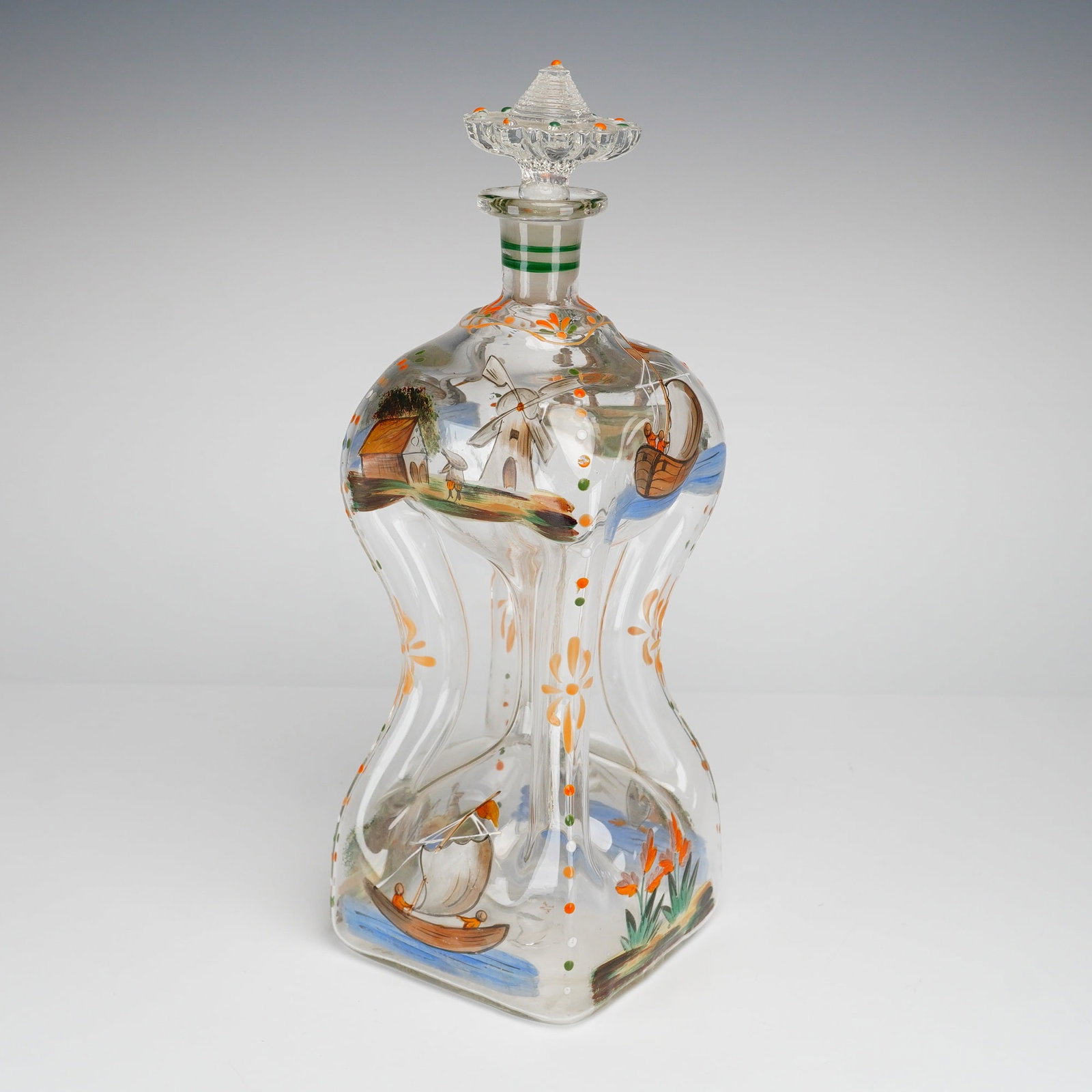 Hand Painted Enamel Pinched Glass Decanter with Stopper (1 of 3)
