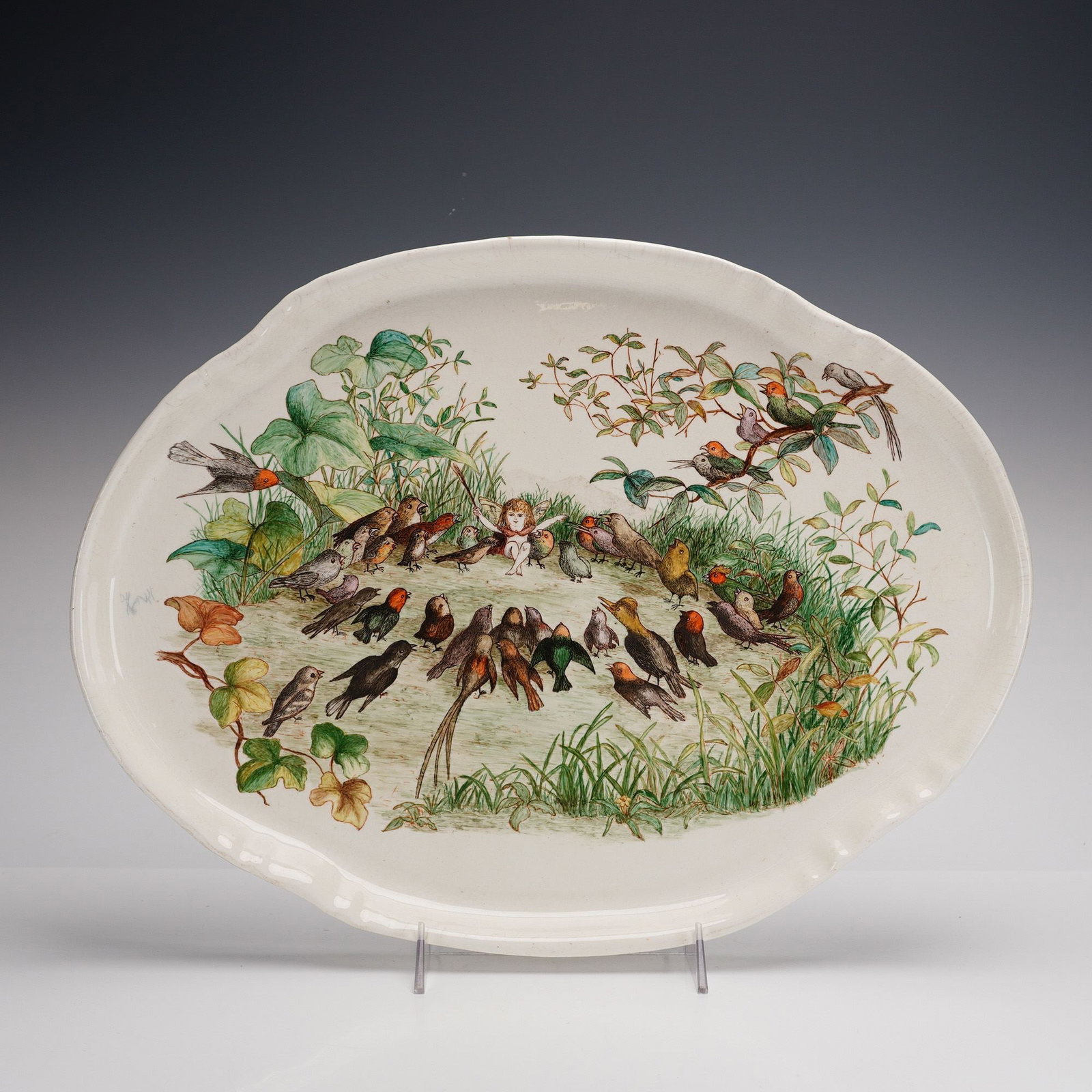 Victorian English Creamware Oval Platter with Hand-Colored Fairy and Bird Scene (1 of 3)