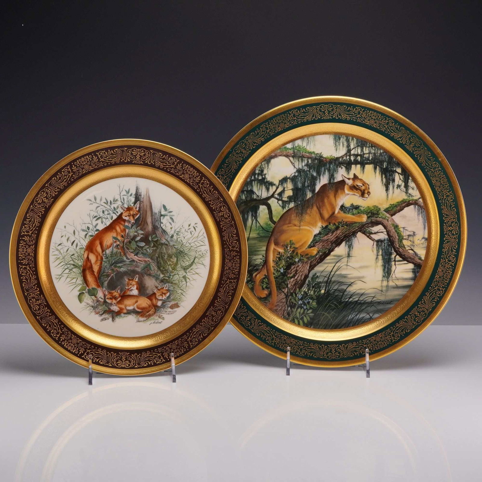 2pc Pickard China Limited Edition Wildlife Plates by James L. Lockhart including American Panther: This set comprises two limited edition porcelain decorative wall plates manufactured by Pickard China, featuring the artwork of American wildlife artist James L. Lockhart. The first plate, titled The 