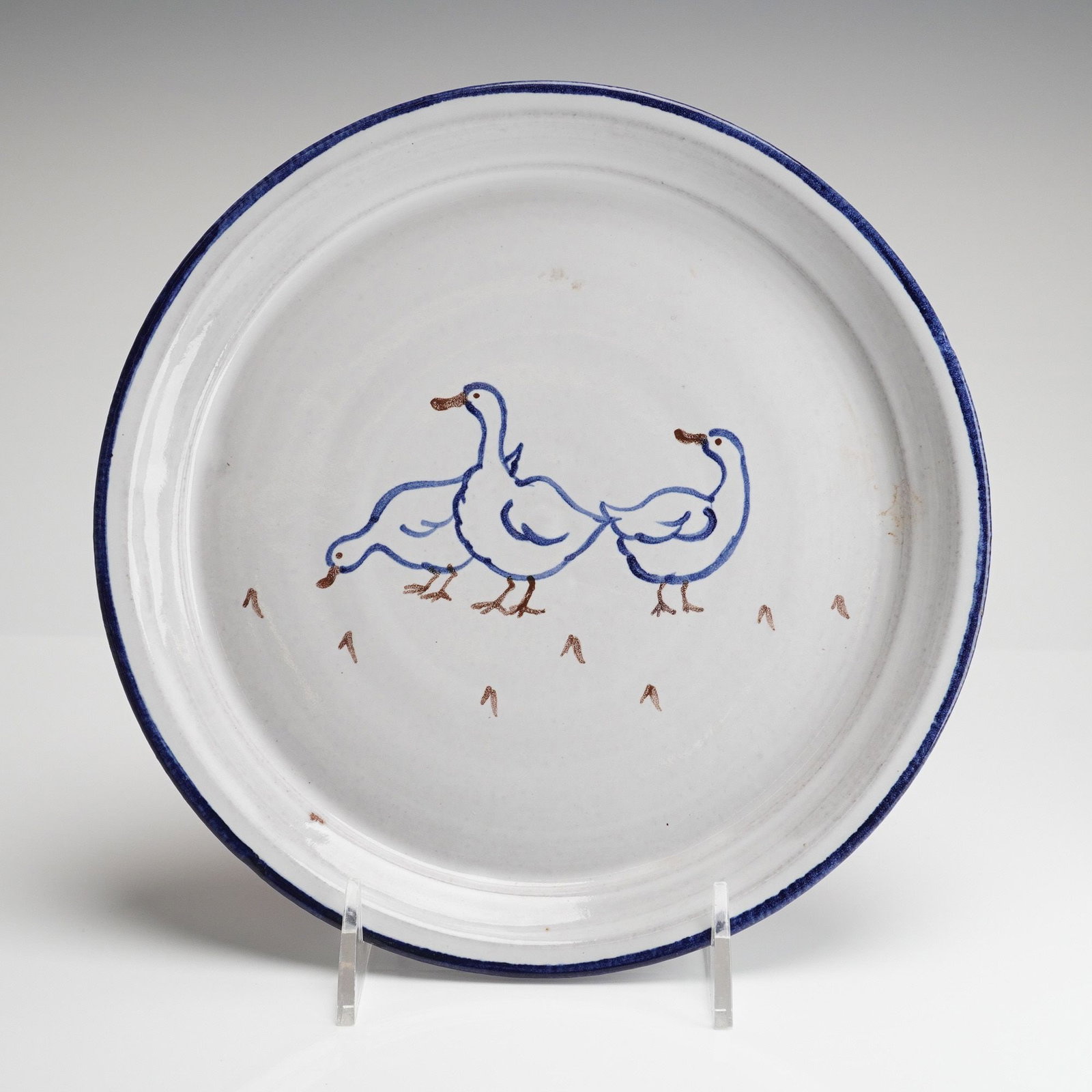 Studio Earthenware Plate with Stylized Duck Scene, Signed Valls, Dated 2014 (1 of 3)
