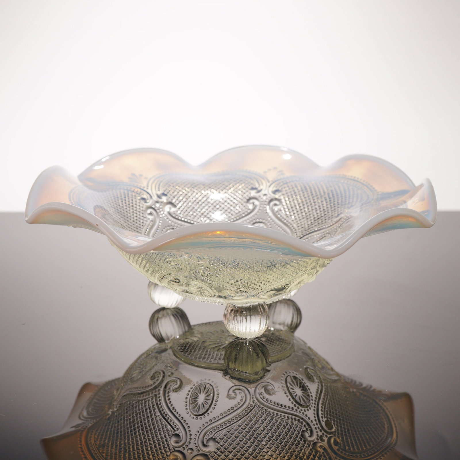 Northwood Glass Lattice Medallions White Opalescent Ruffled Bowl: A three-footed pressed glass bowl, produced by the Northwood Glass Company, features a milky-white opalescent color and a ruffled rim. The molded Lattice Medallions pattern consists of panels with dia