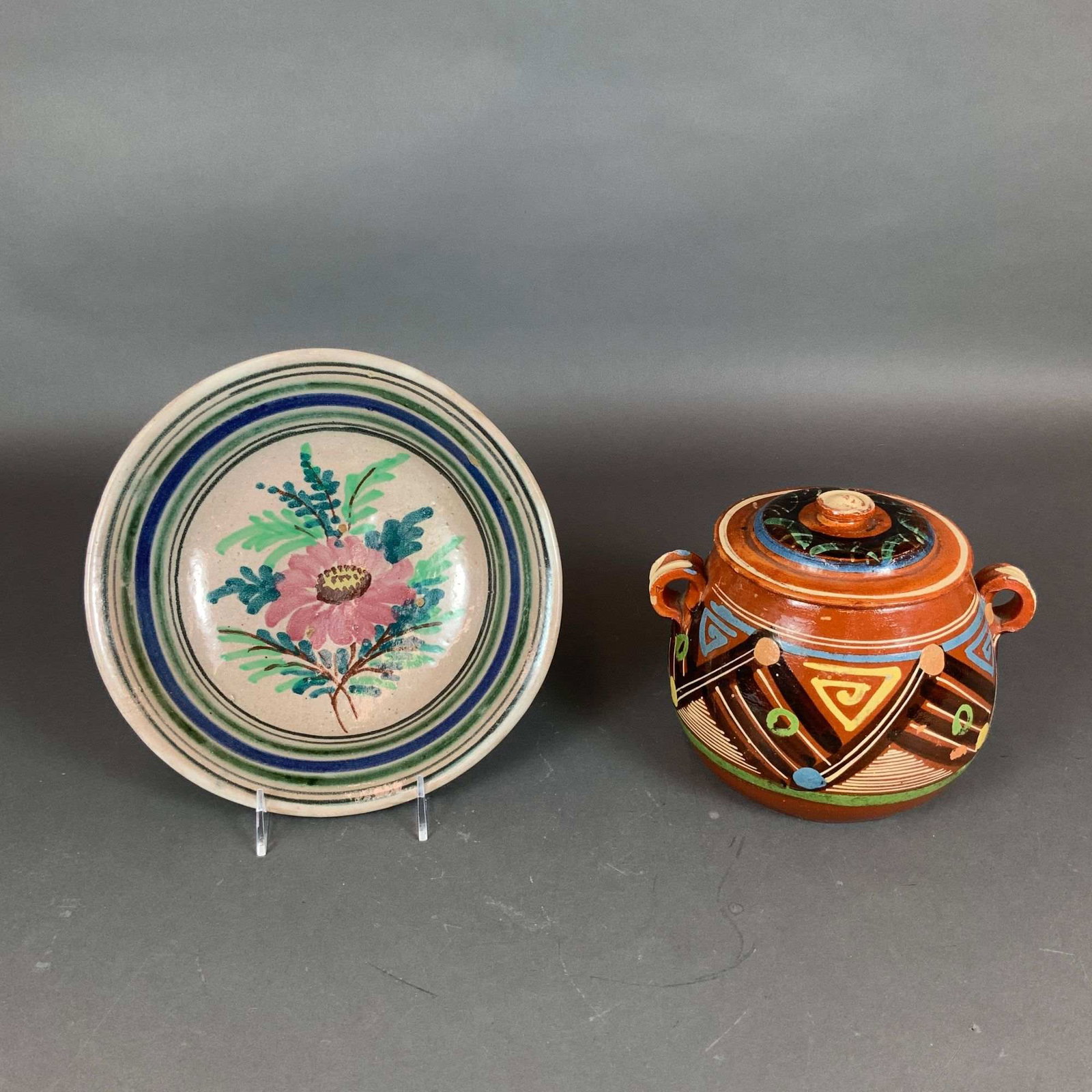 2pc Hand-Painted Pottery Including a Bean Pot and Serving Bowl (1 of 4)