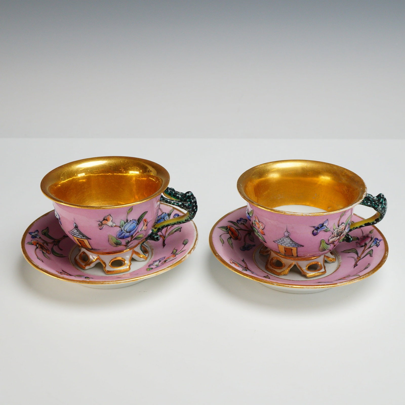 4pc Hand Painted and Gilded Ornate Porcelain Teacups and Saucers (1 of 3)
