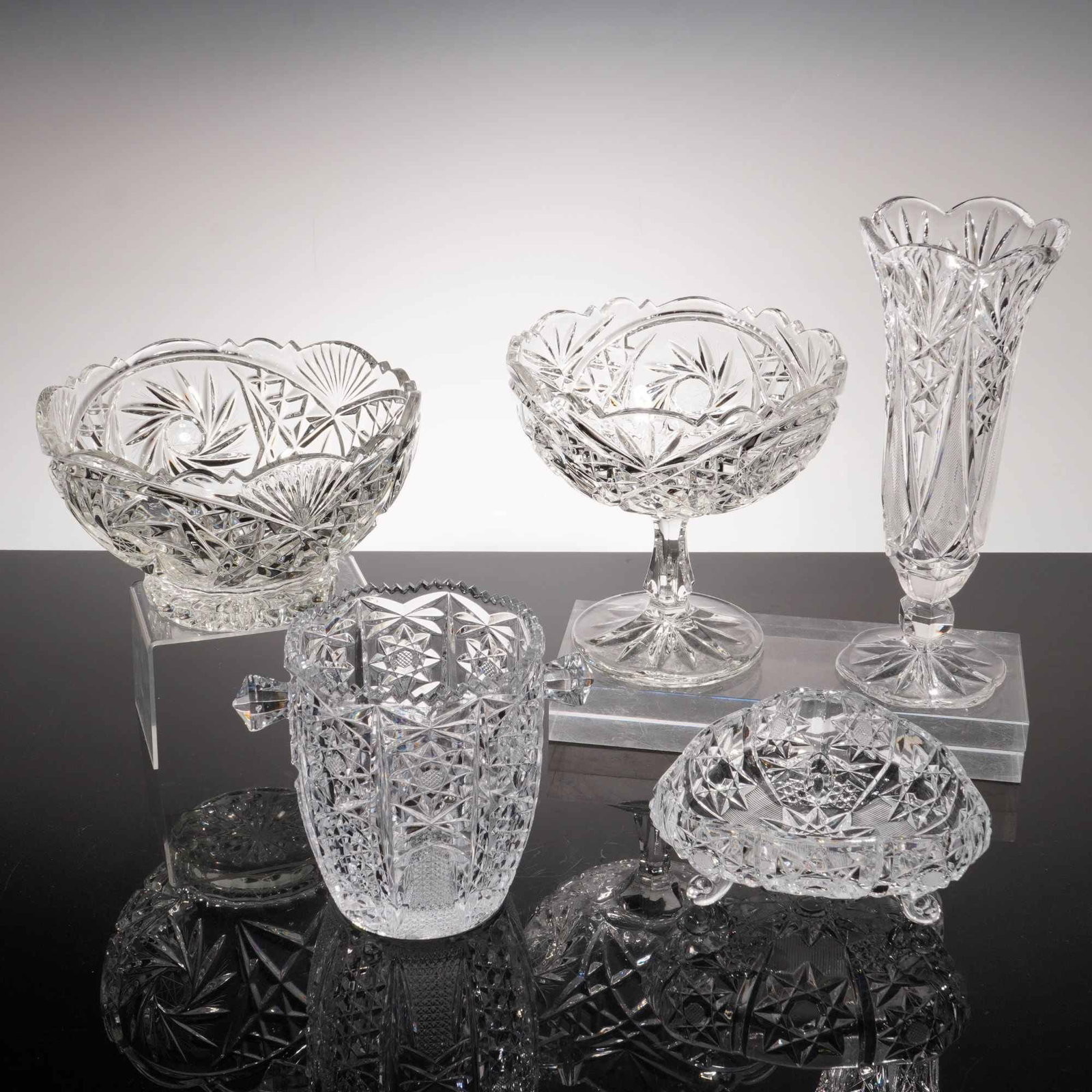 5pc Assortment of Cut Crystal Tableware Including Vase, Ice Bucket, and Footed Bowls (1 of 6)