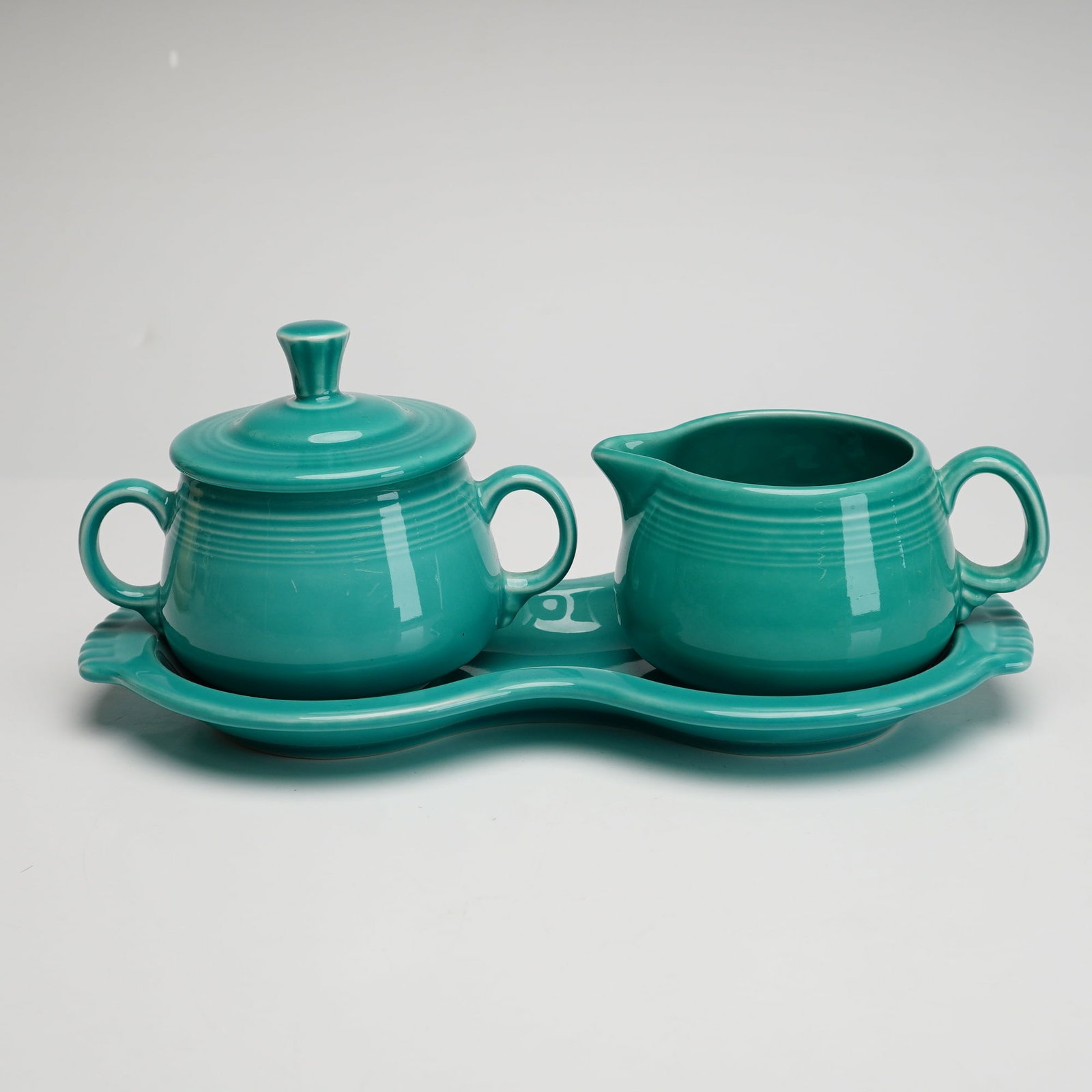 3pc Homer Laughlin & Co, Fiesta, Turquoise Creamer & Sugar Set w/ Tray (1 of 3)