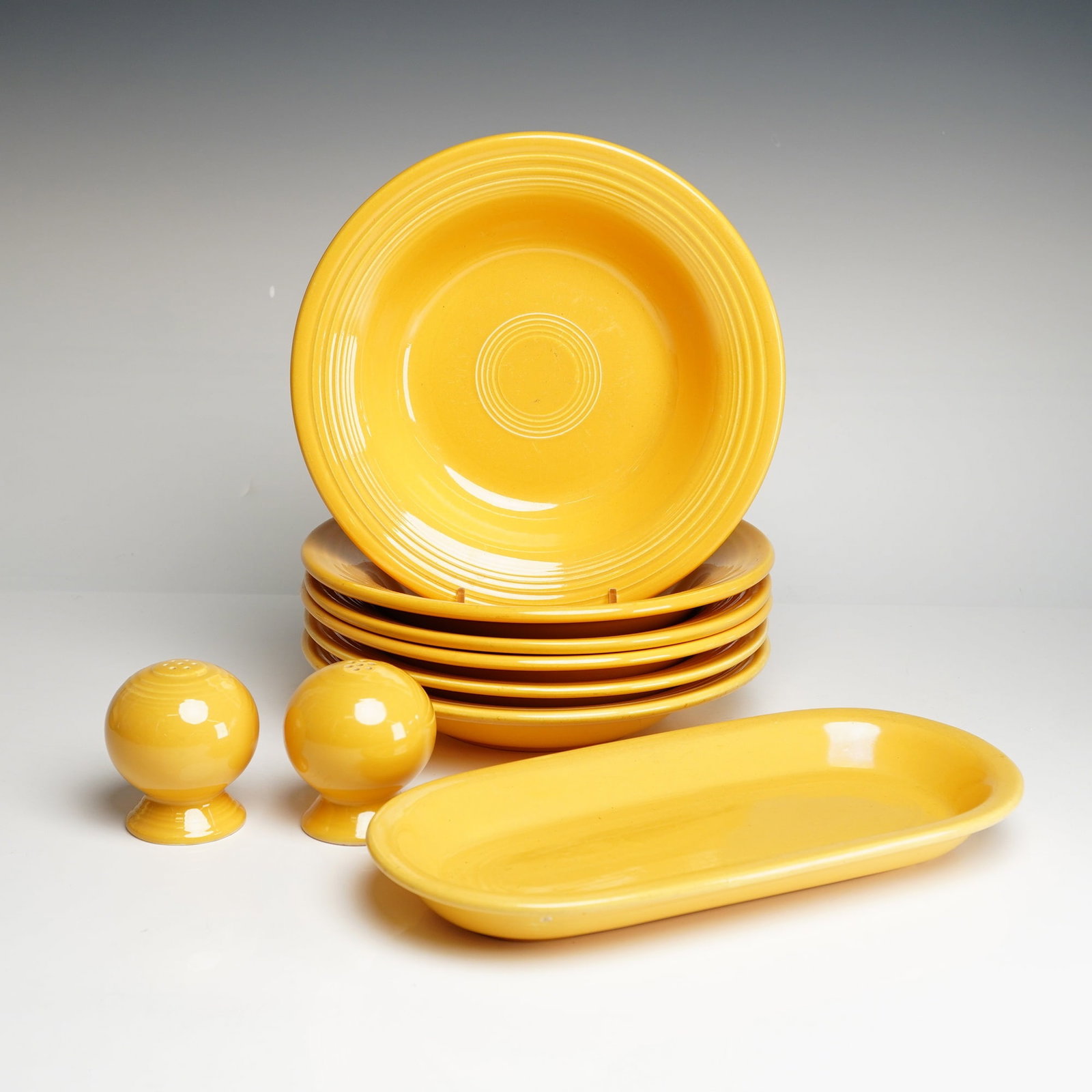 9pc Homer Laughlin Yellow Fiesta Soup Bowls, Bread Tray, S&P Shakers (1 of 3)