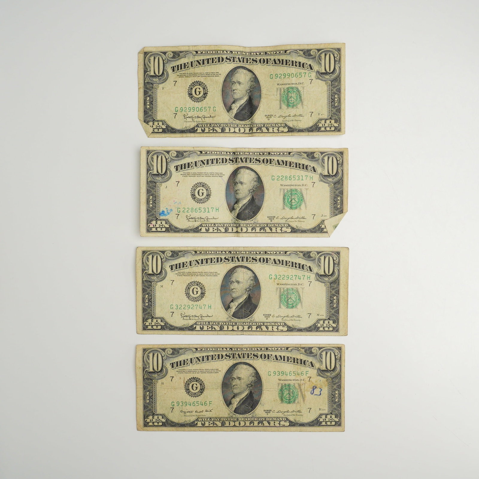 Four US Series 1950 C and 1950 D $10 Federal Reserve Notes (1 of 2)